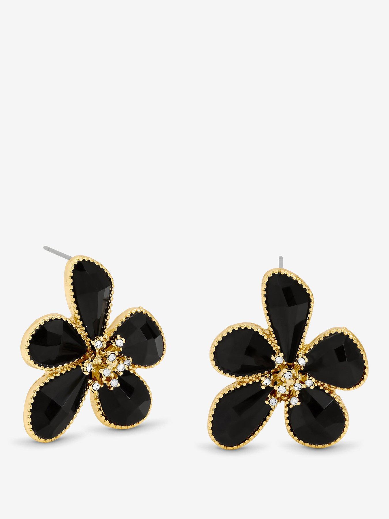 Mood Gold Jet Glass Facet Flower Stud Earrings