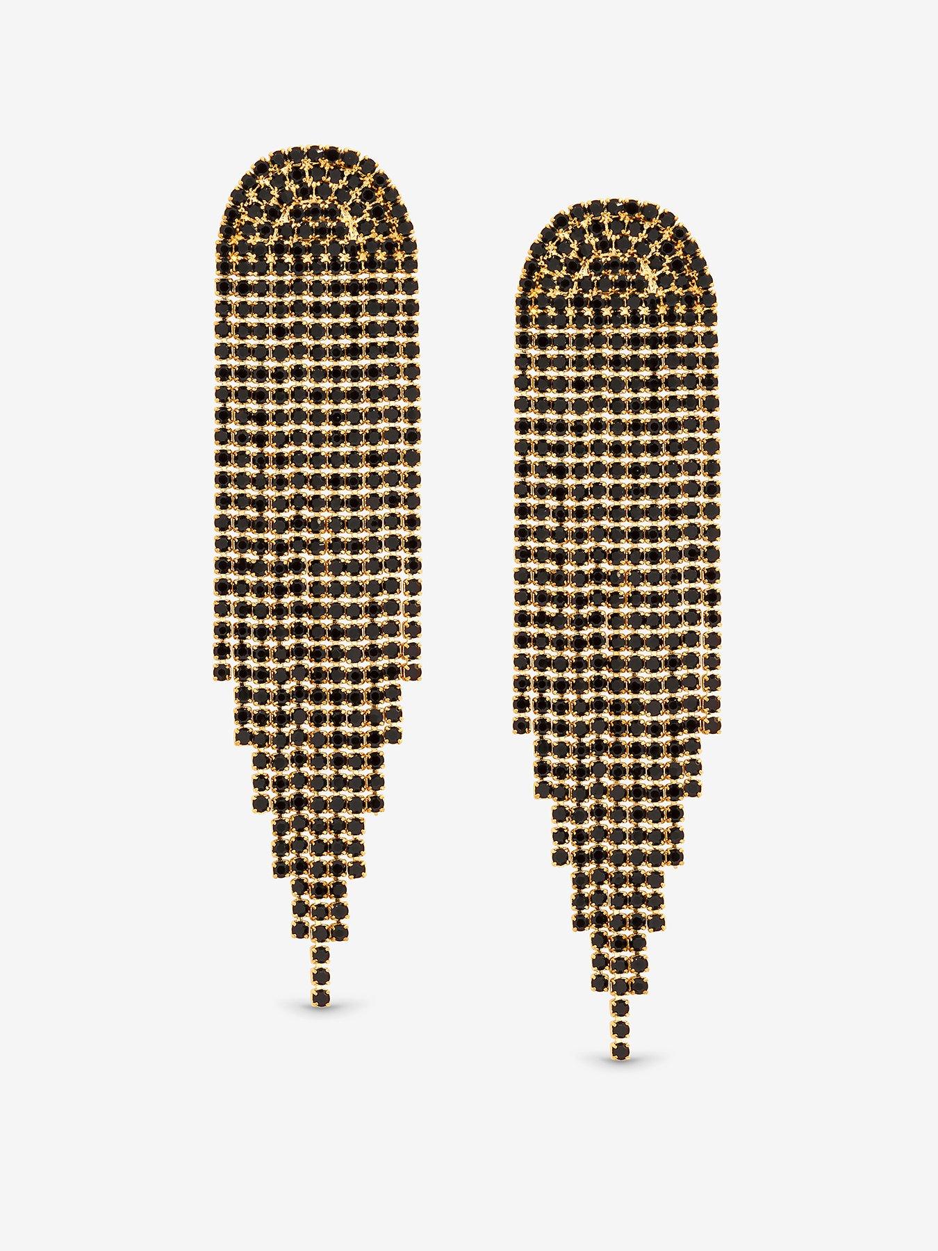 undefined GOLD & JET CRYSTAL TASSEL STATEMENT DROP EARRINGS