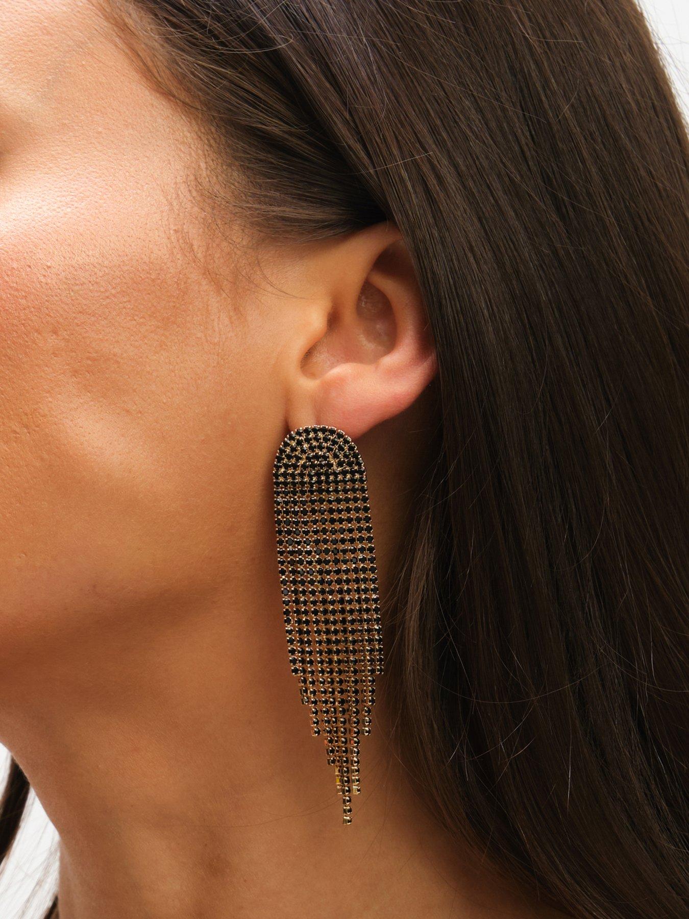 Image 2 of 3 of Mood GOLD & JET CRYSTAL TASSEL STATEMENT DROP EARRINGS