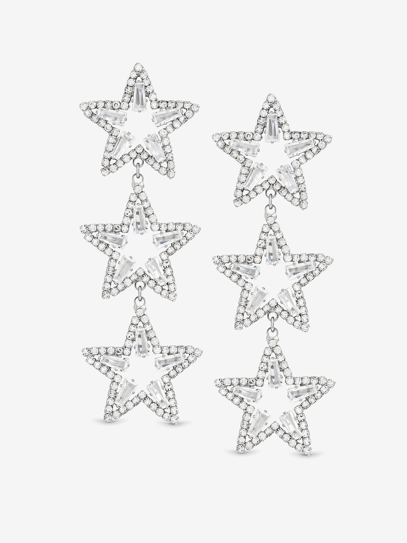undefined SILVER CRYSTAL TRIPLE STAR STATEMENT DROP EARRINGS