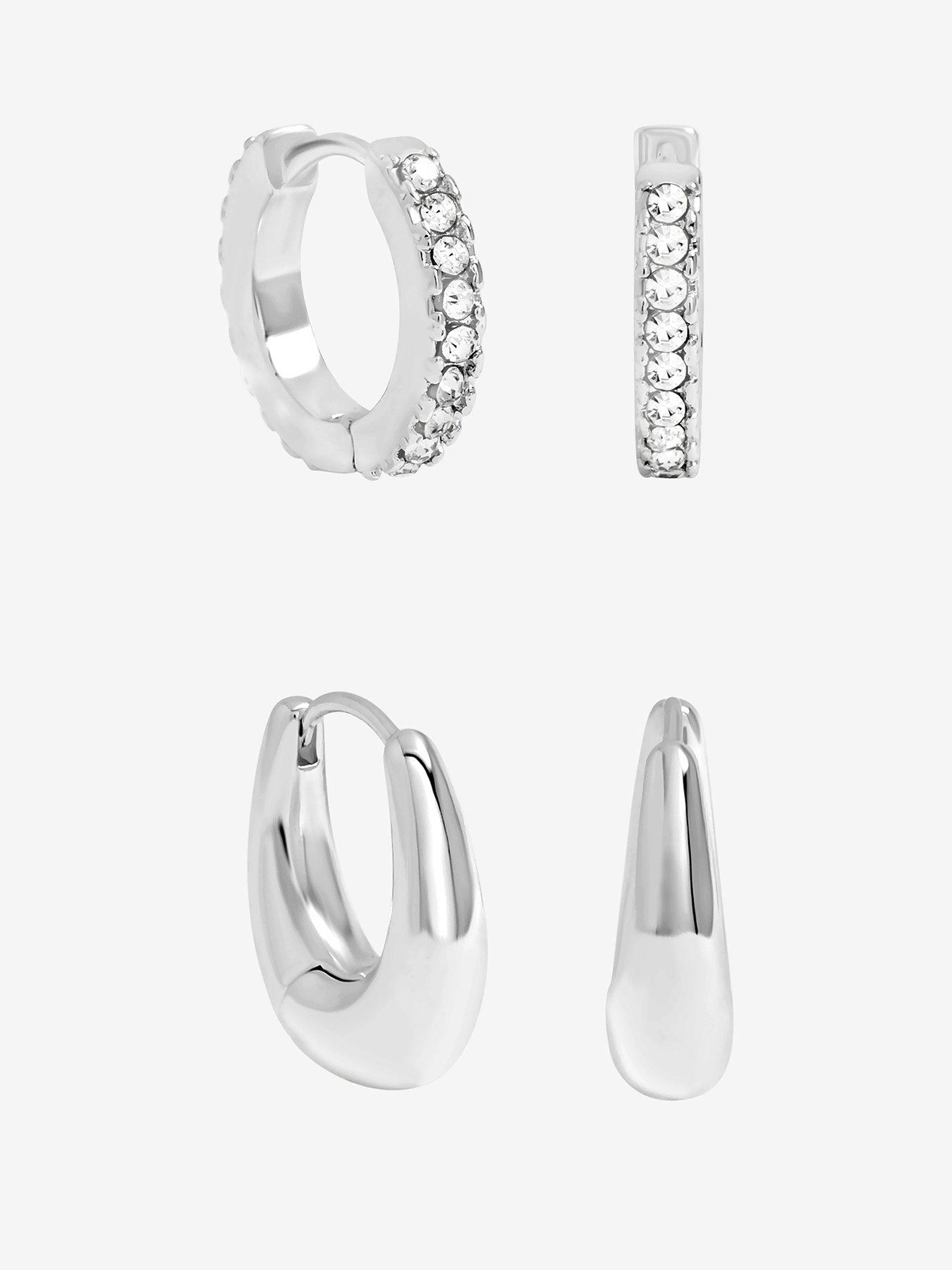 undefined Silver Plated Polished and Pave Hoops - Pack of 2