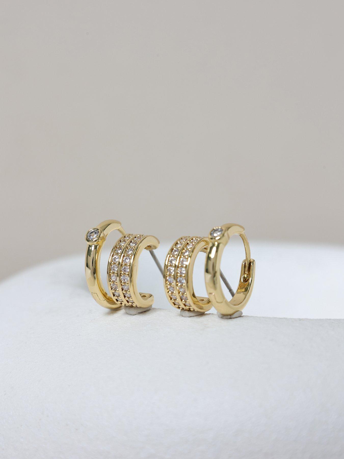 Image 3 of 4 of Jon Richard 14K Gold Plated Polished and Pave Hoops - Pack of 2