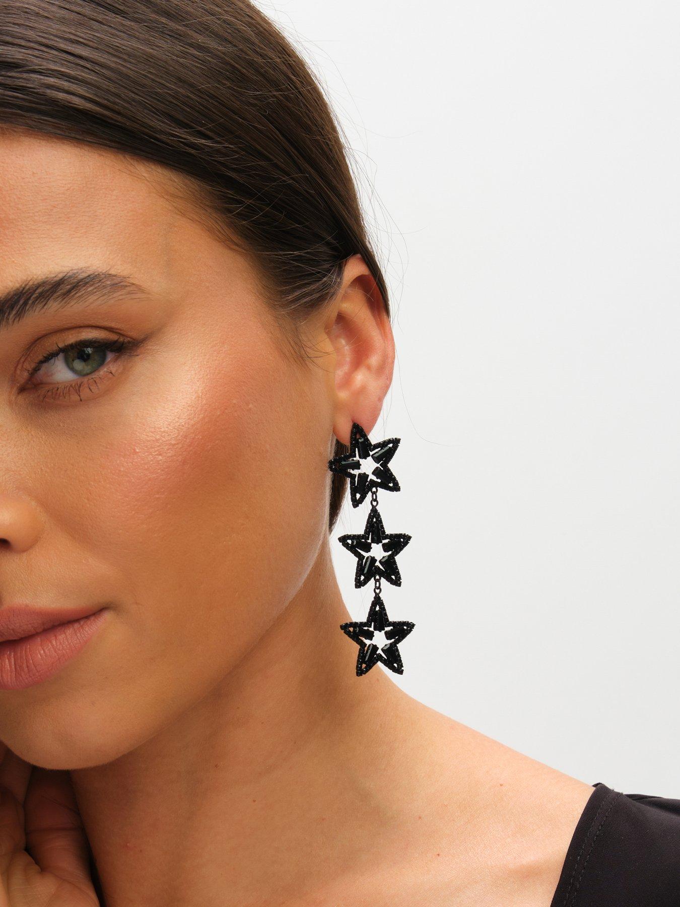 Image 3 of 3 of Mood JET CRYSTAL TRIPLE STAR STATEMENT DROP EARRINGS