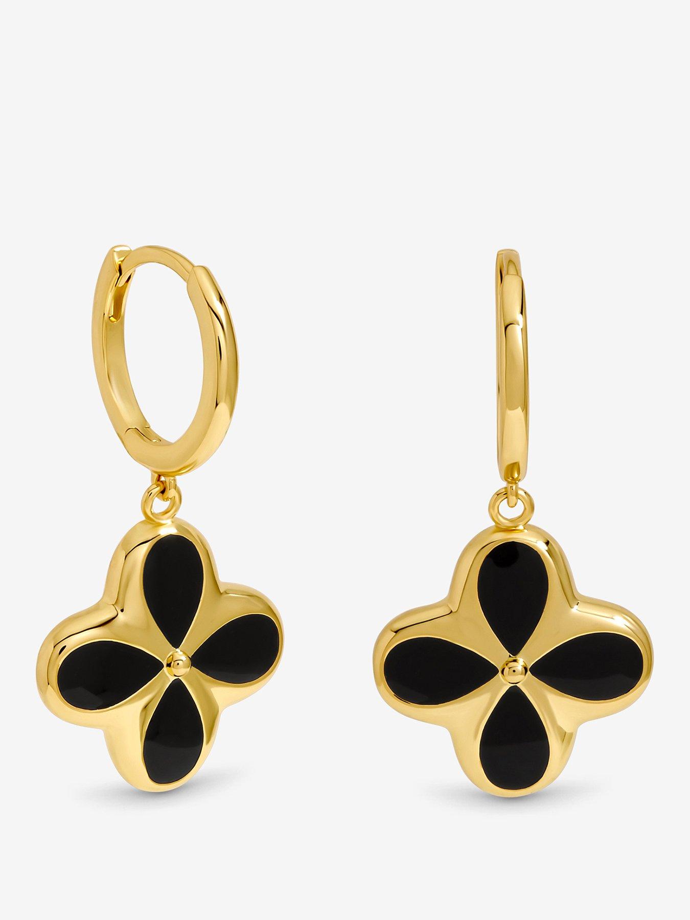 undefined 14K Gold Plated and Jet Enamel Clover Earrings