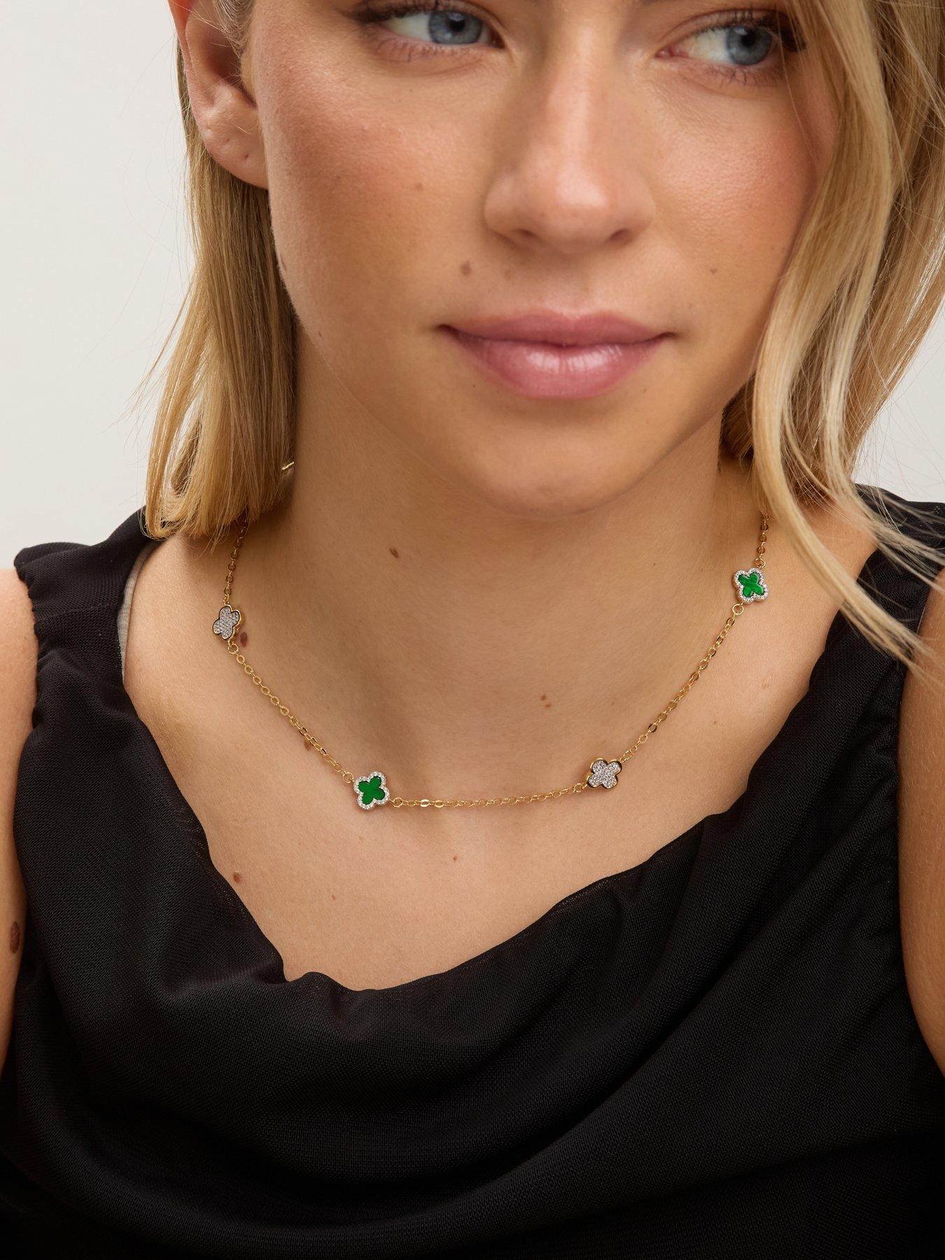 Image 3 of 3 of Jon Richard Gold Plated Pave and Malachite Clover Necklace