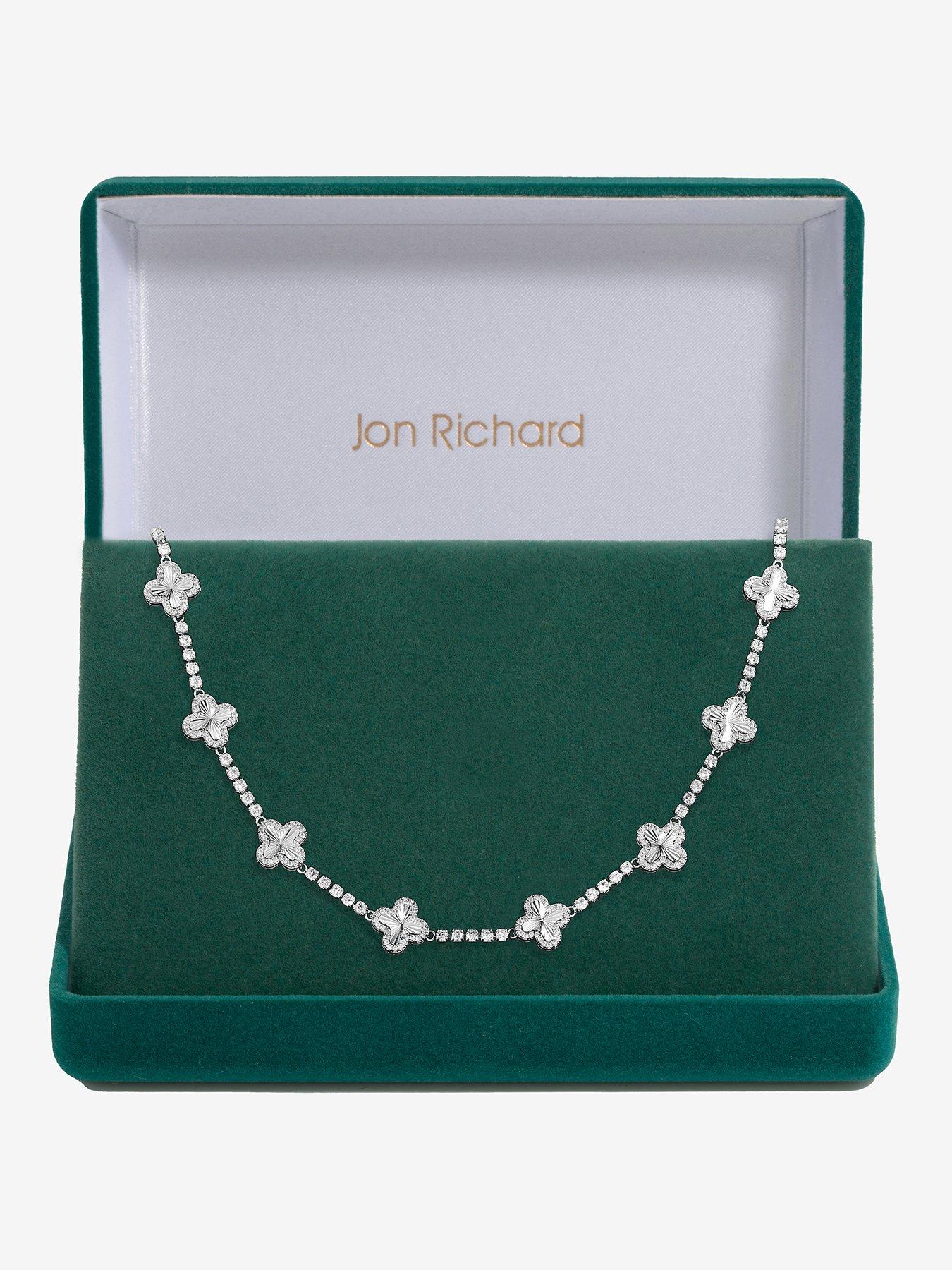 undefined Rhodium Plated and Diamond Cut Station Clover Necklace - Gift Box