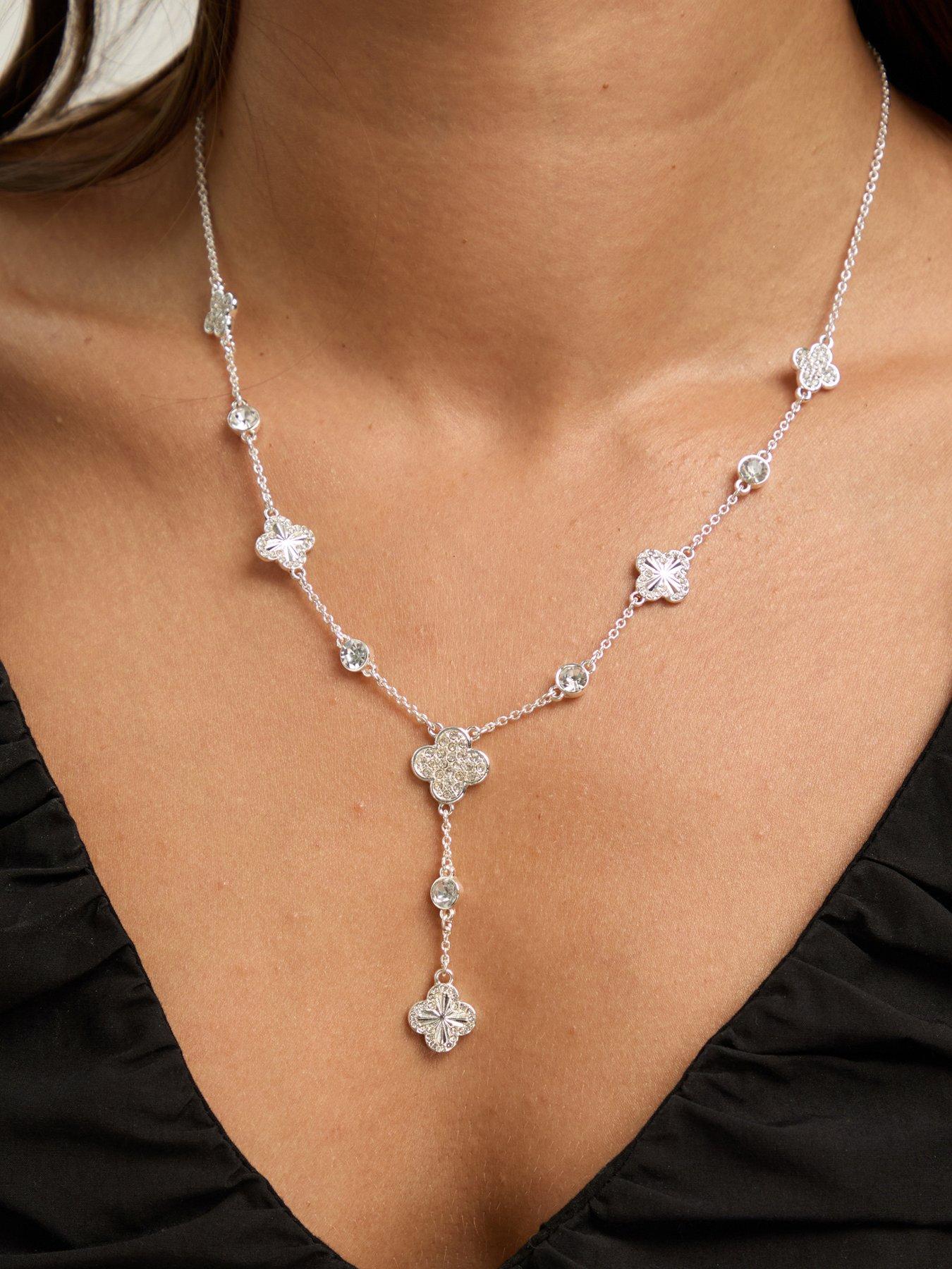 Image 2 of 4 of Mood Silver Pave Clover Y Drop Necklace - Silver&nbsp;