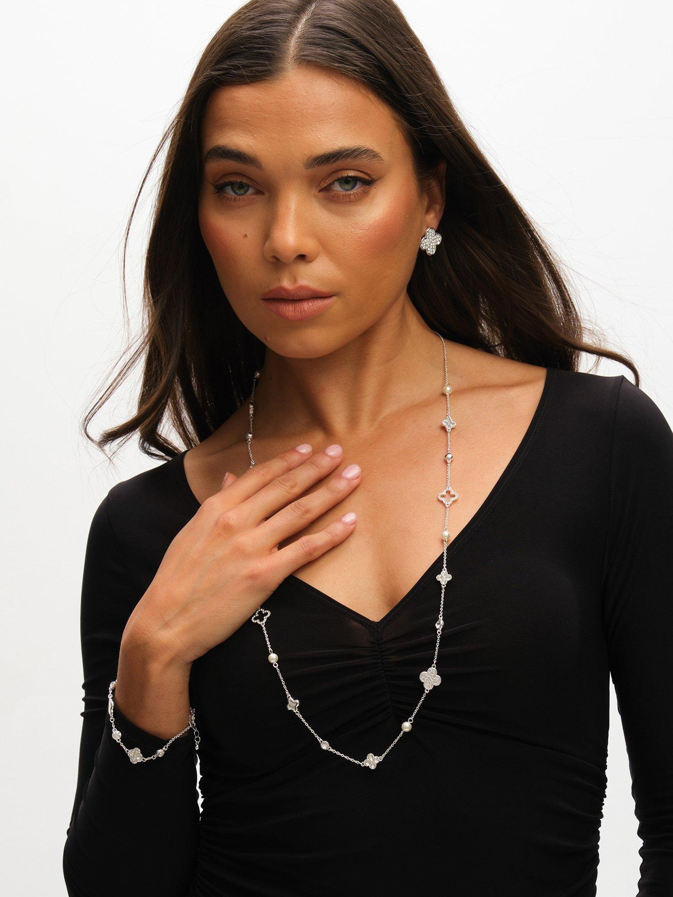 Image 2 of 3 of Mood Silver Crystal &amp; Mother of Pearl Clover Station Long Necklace - Silver