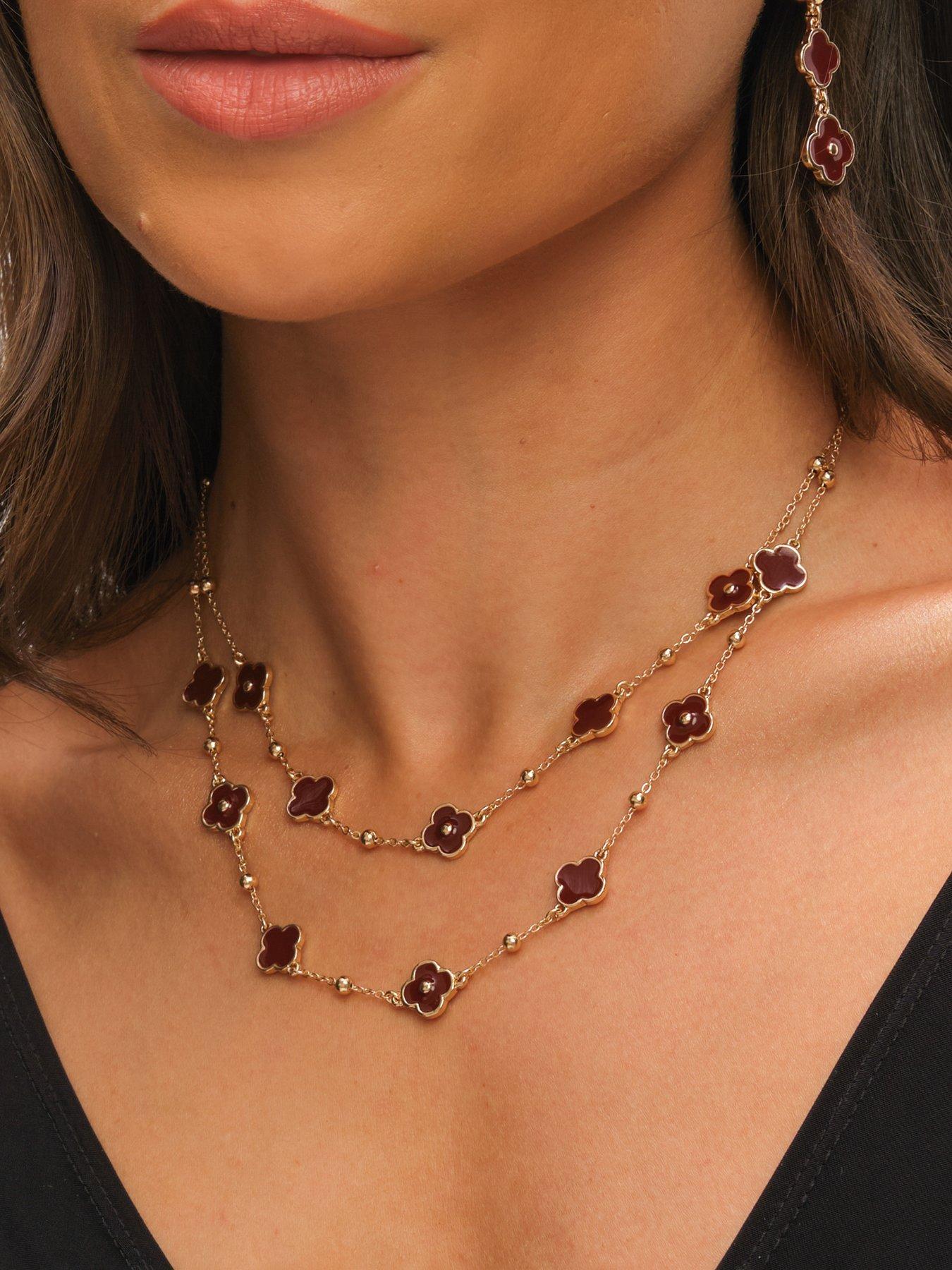Image 3 of 3 of Mood GOLD POLISHED & BURGUNDY CLOVER DOUBLE ROW NECKLACE