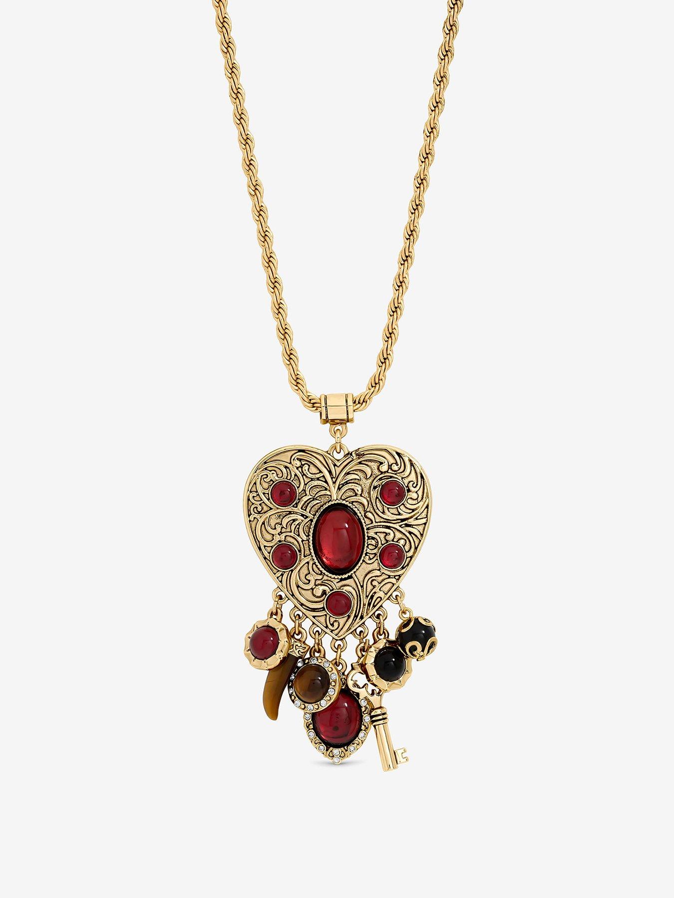 Mood Antique Gold  &  Red Resin Heart Charm Long Necklace