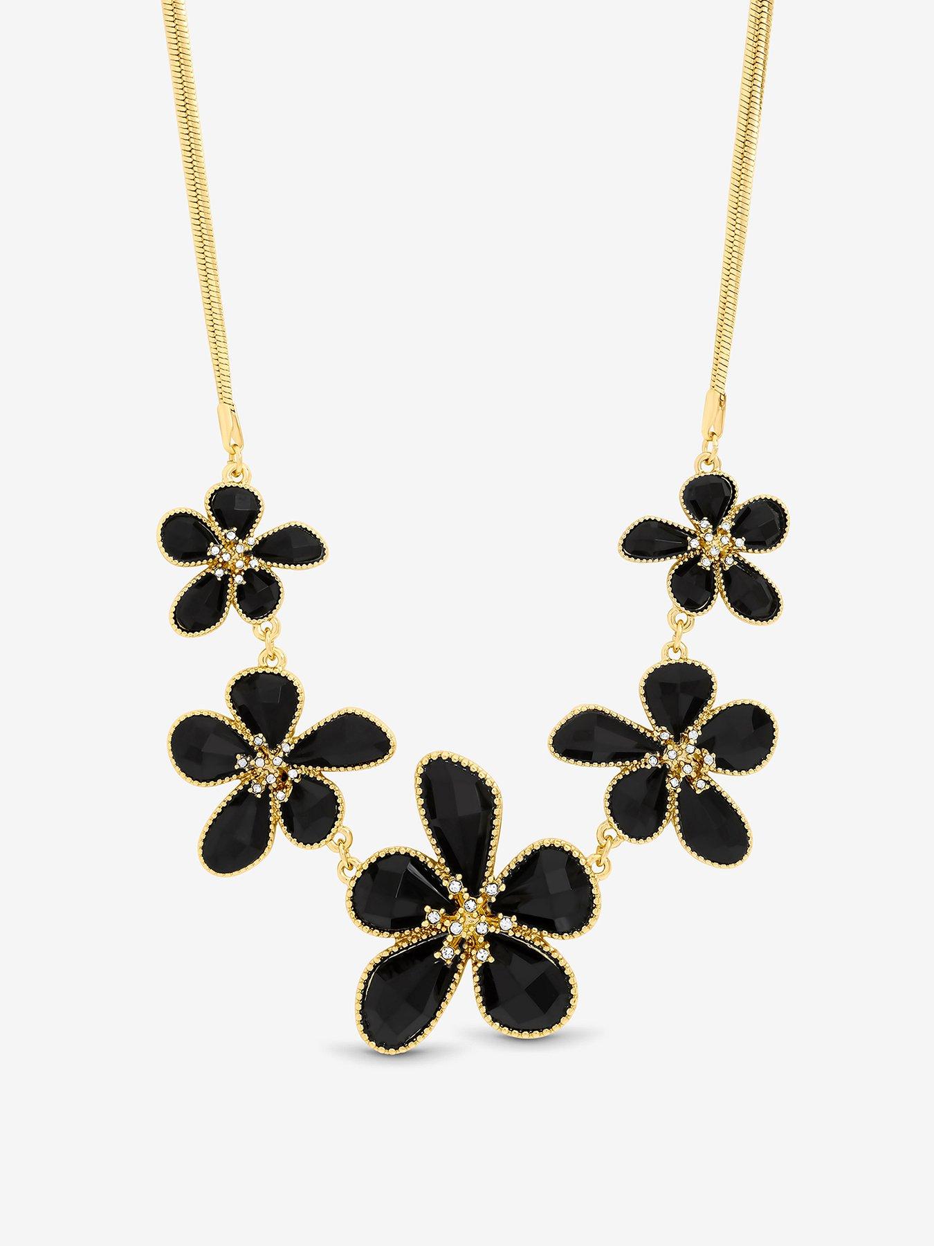 Image 1 of 3 of Mood Gold Crystal And Jet Glass Flower Neckalce