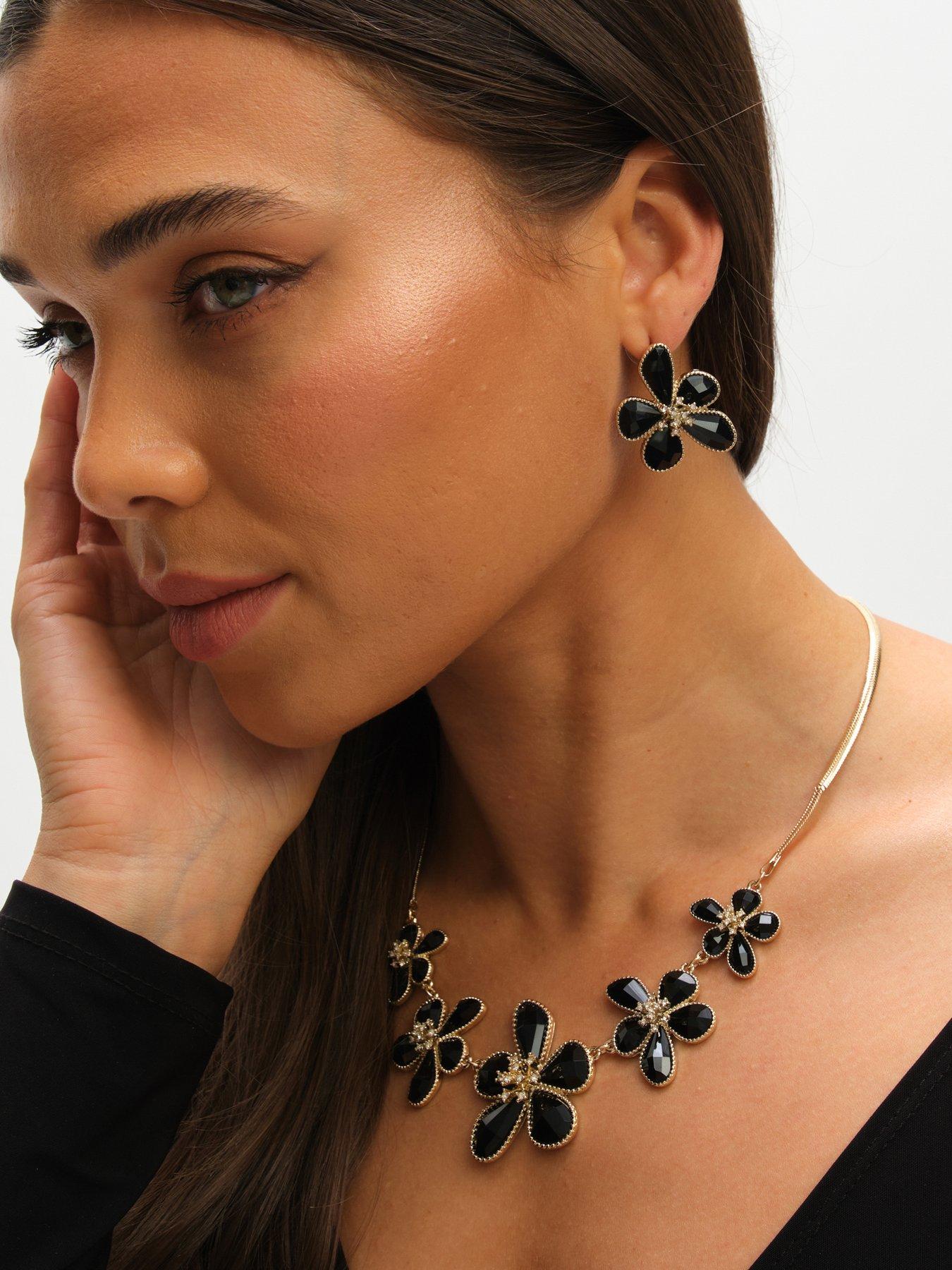 Image 2 of 3 of Mood Gold Crystal And Jet Glass Flower Neckalce