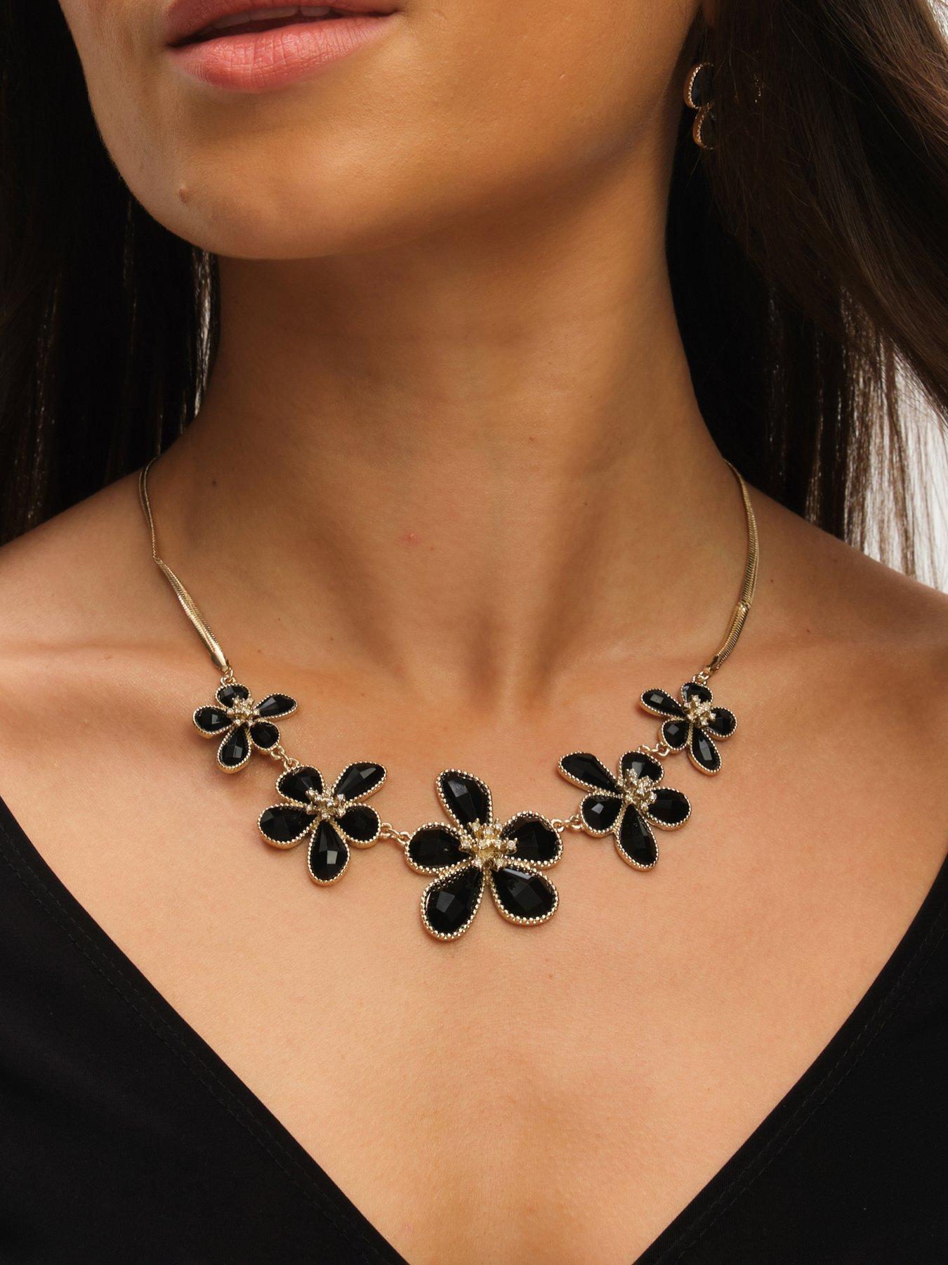 Image 3 of 3 of Mood Gold Crystal And Jet Glass Flower Neckalce