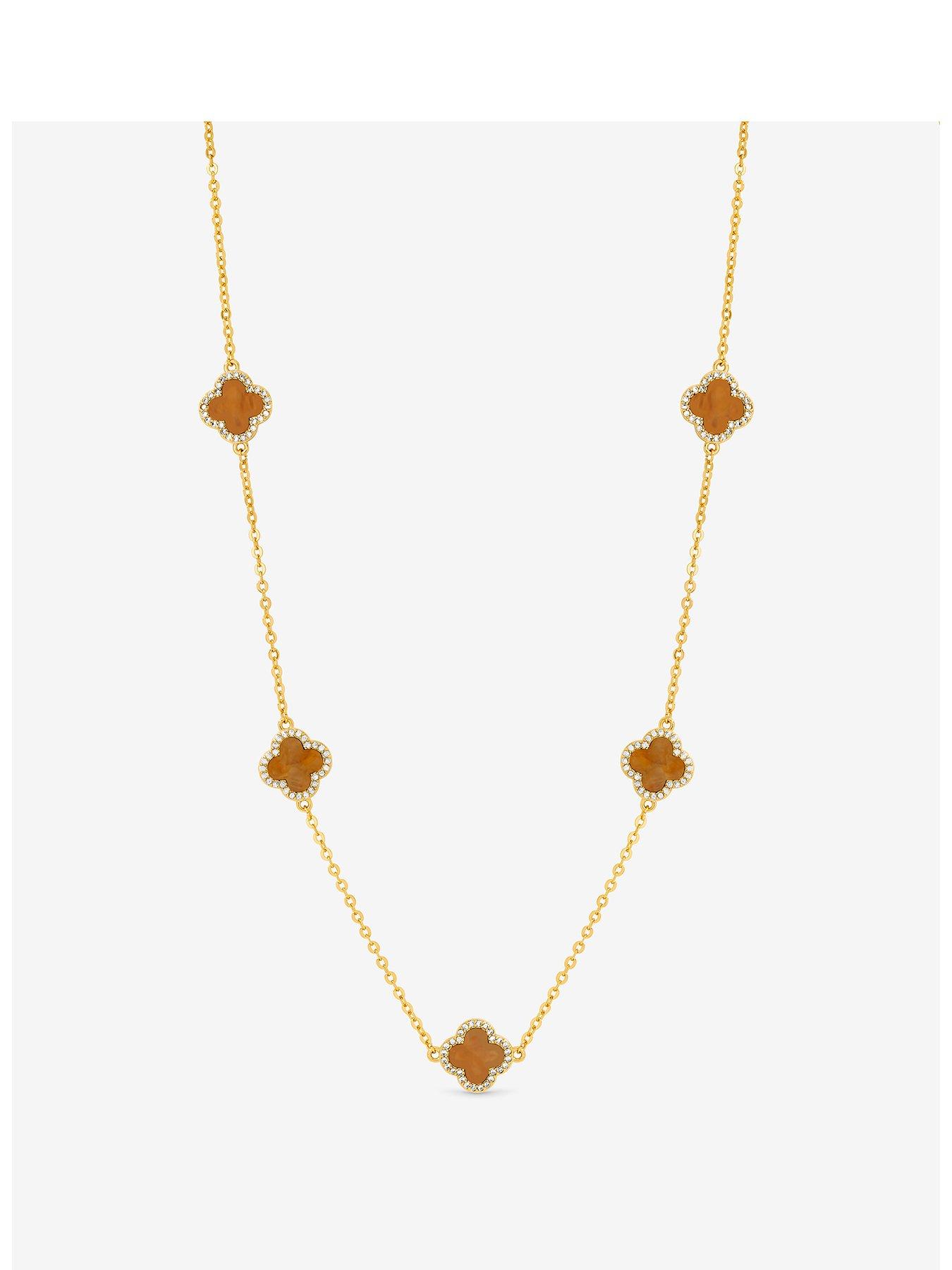 undefined Gold Plated Tigers Eye Station Clover Necklace