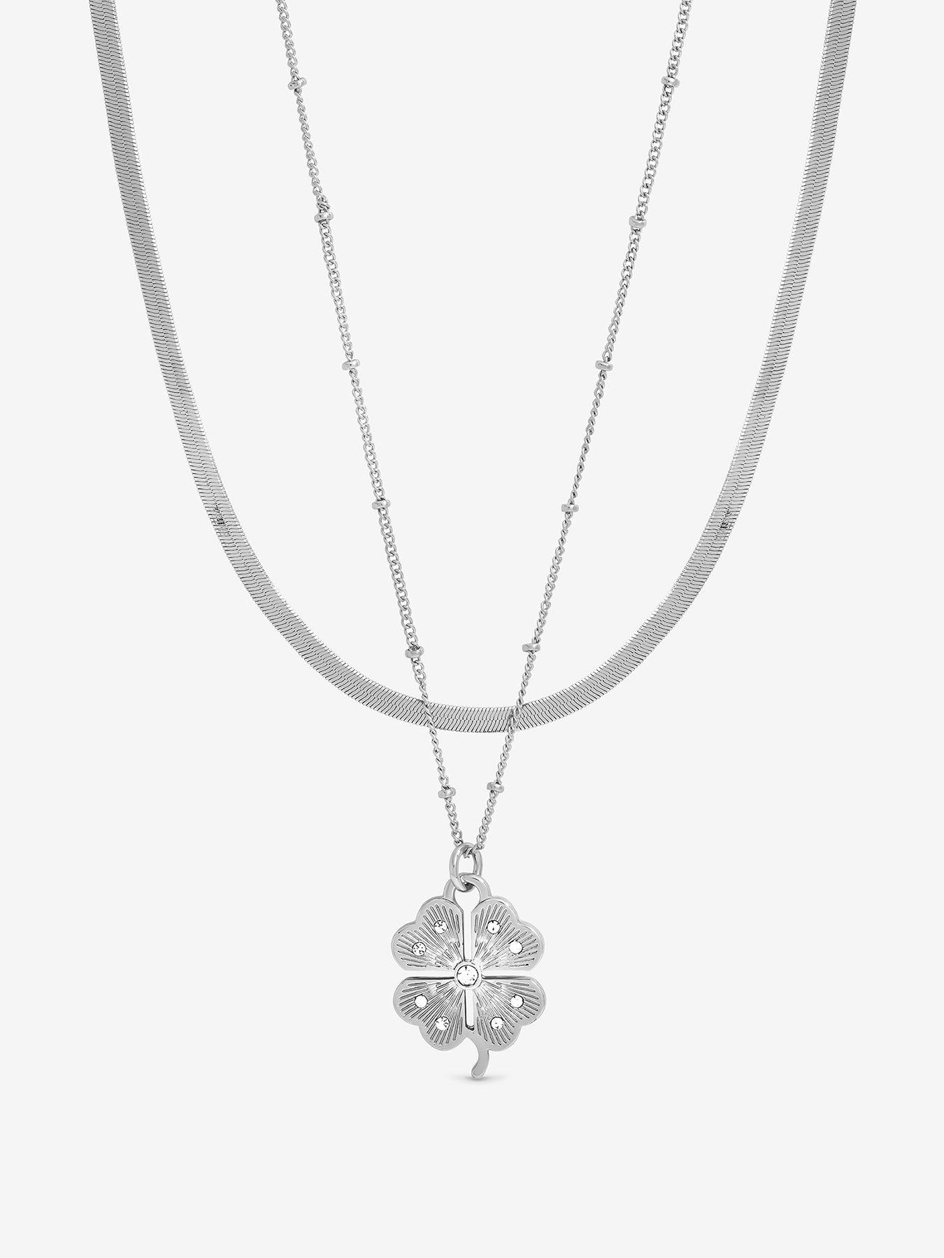 Mood Silver Polished  &  Crystal Clover Double Row Pendant