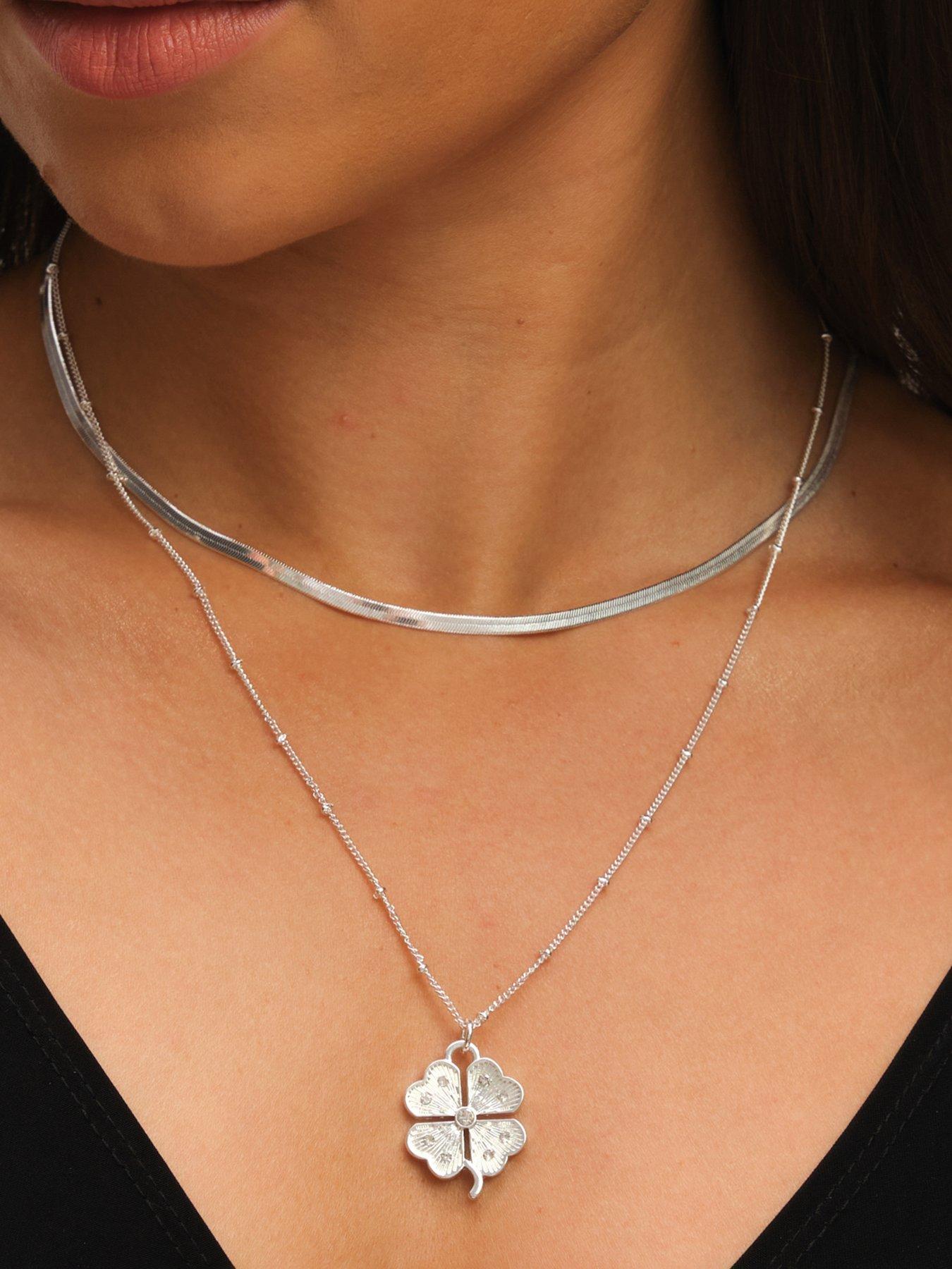Image 3 of 3 of Mood Silver Polished &amp; Crystal Clover Double Row Pendant