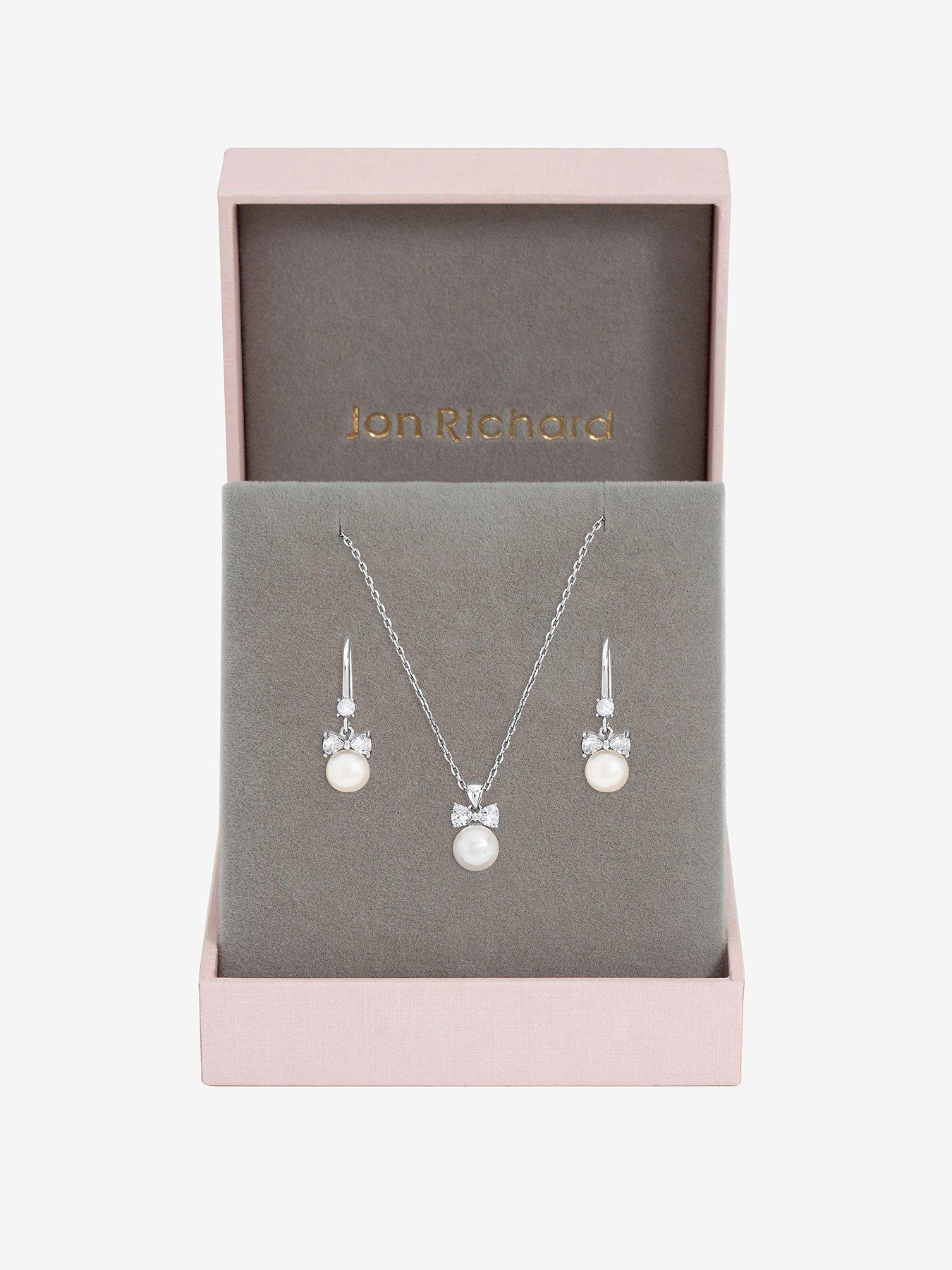 Image 1 of 3 of Jon Richard Rhodium Plated Crystal Bow and Pearl Drop Set - Gift Box