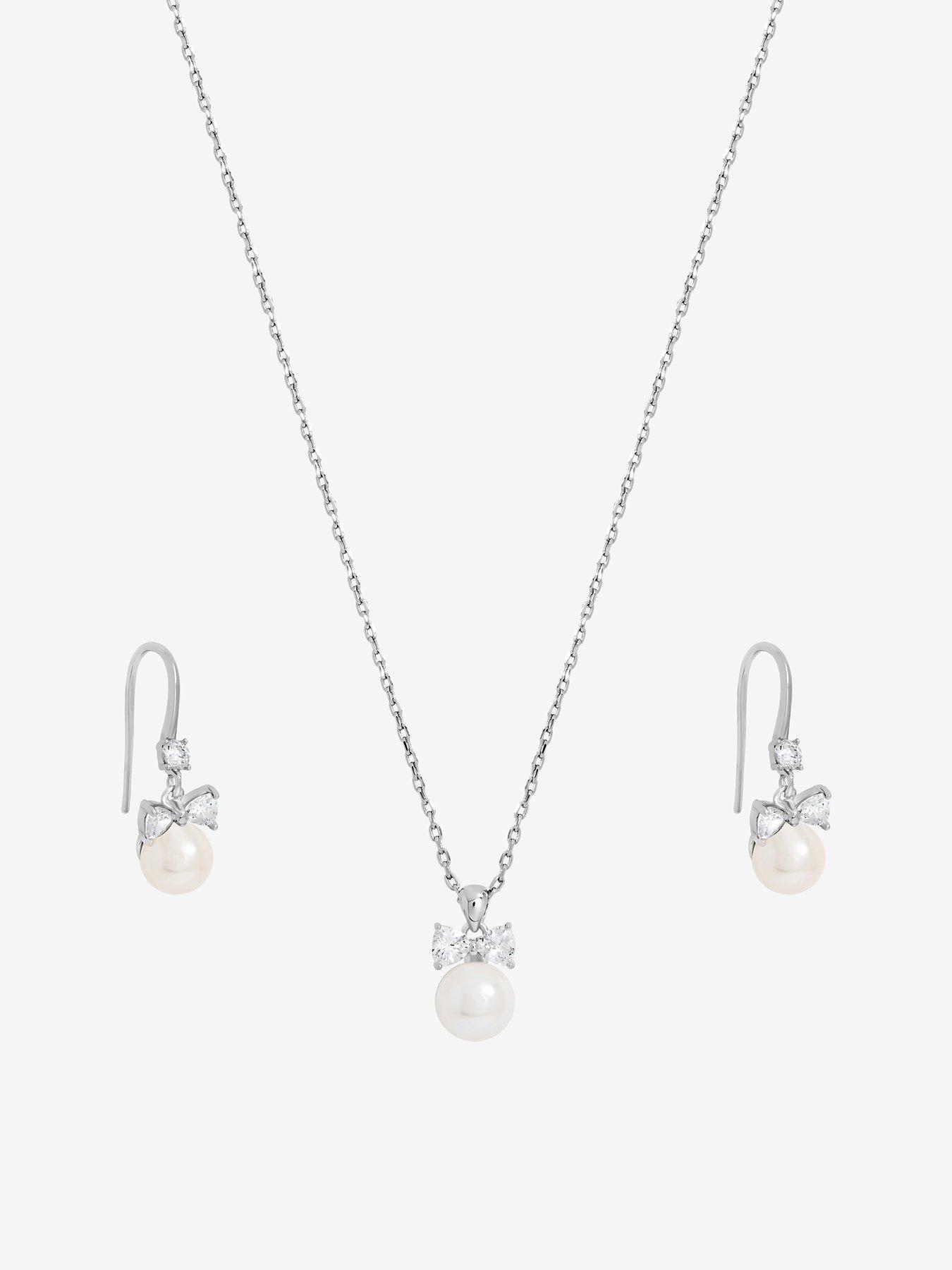 Image 2 of 3 of Jon Richard Rhodium Plated Crystal Bow and Pearl Drop Set - Gift Box