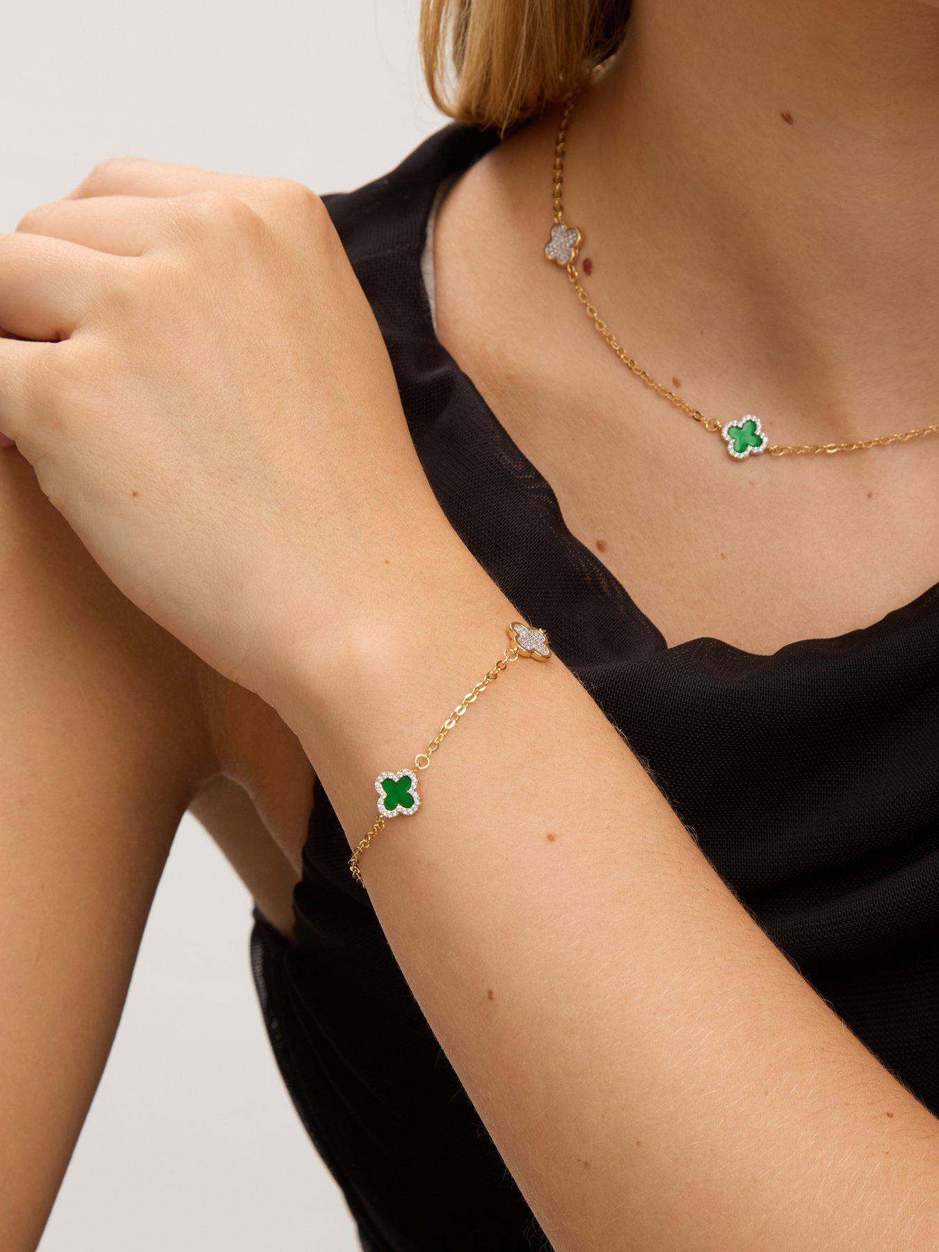 Image 2 of 3 of Jon Richard Gold Plated Pave and Malachite Clover Bracelet