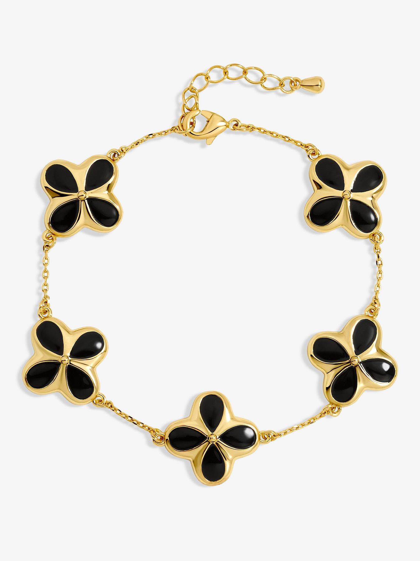 Inicio 14K Gold Plated and Jet Enamel Clover Bracelet