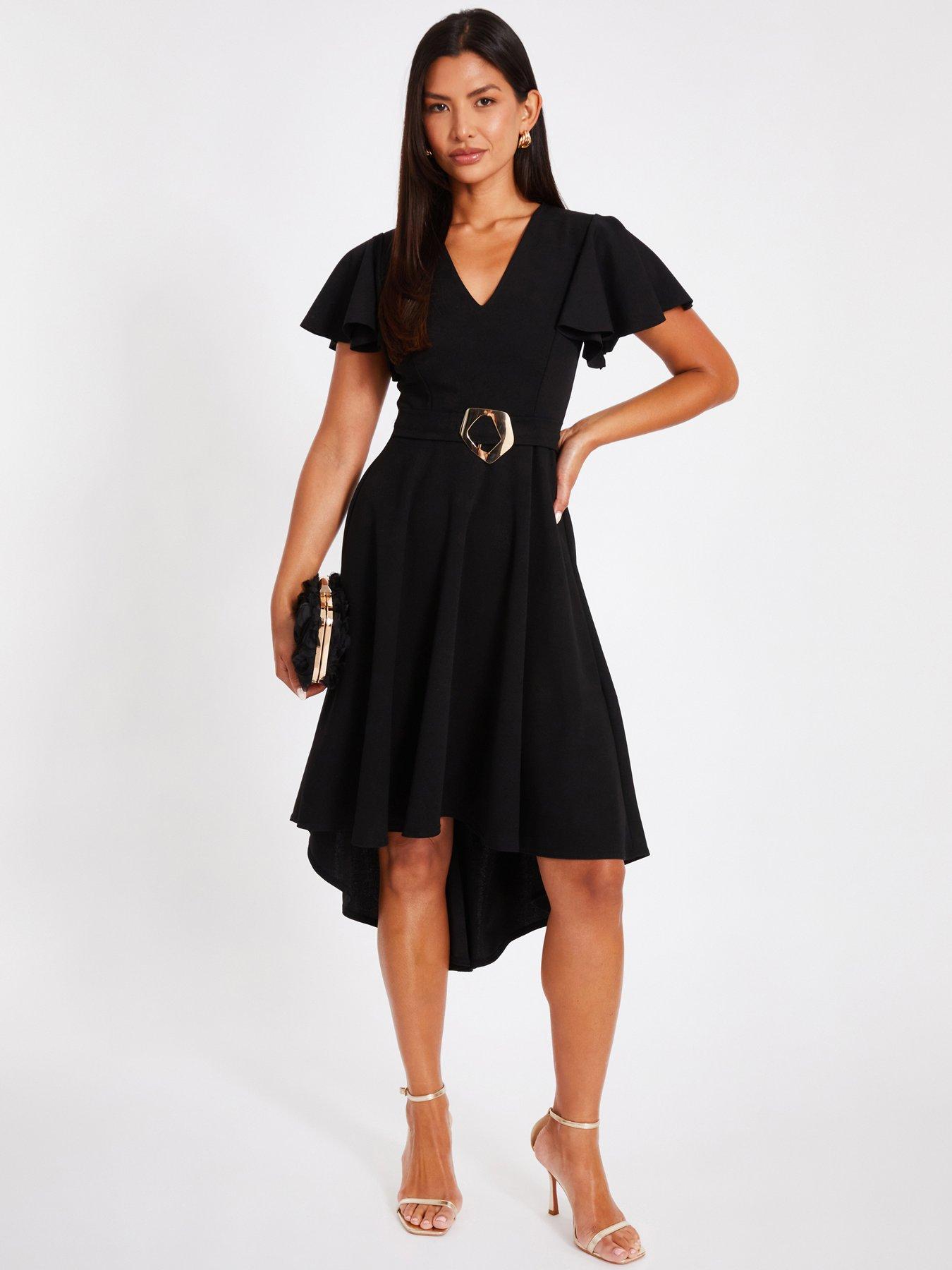 Image 1 of 6 of Quiz Black Dip Hem Midi Dress