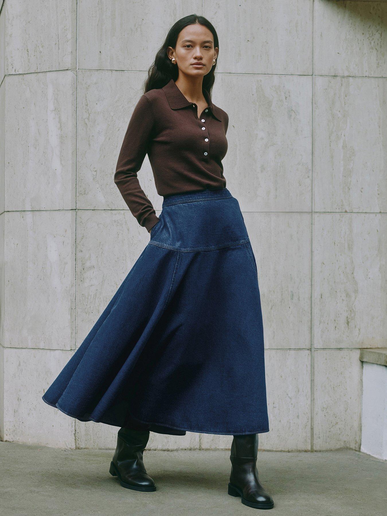 undefined Denim Basque Midi Skirt