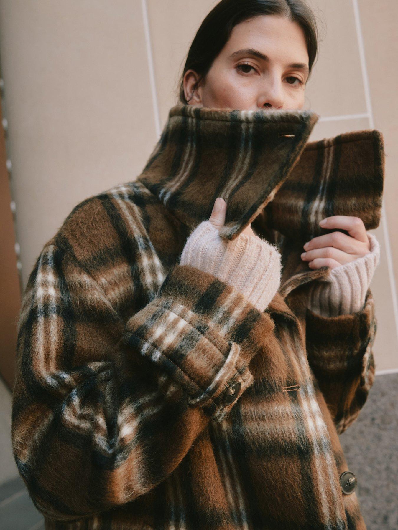  image of albaray-check-funnel-neck-coat-brown
