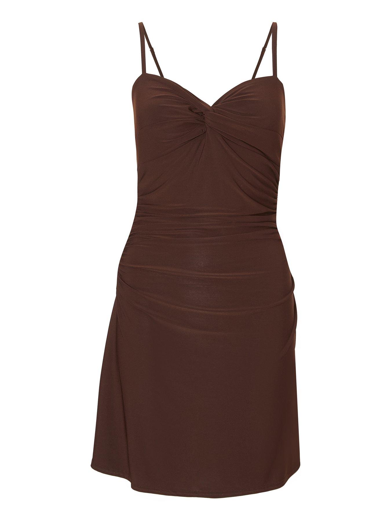 Image 4 of 6 of Quiz Brown Knot Front Mini Dress