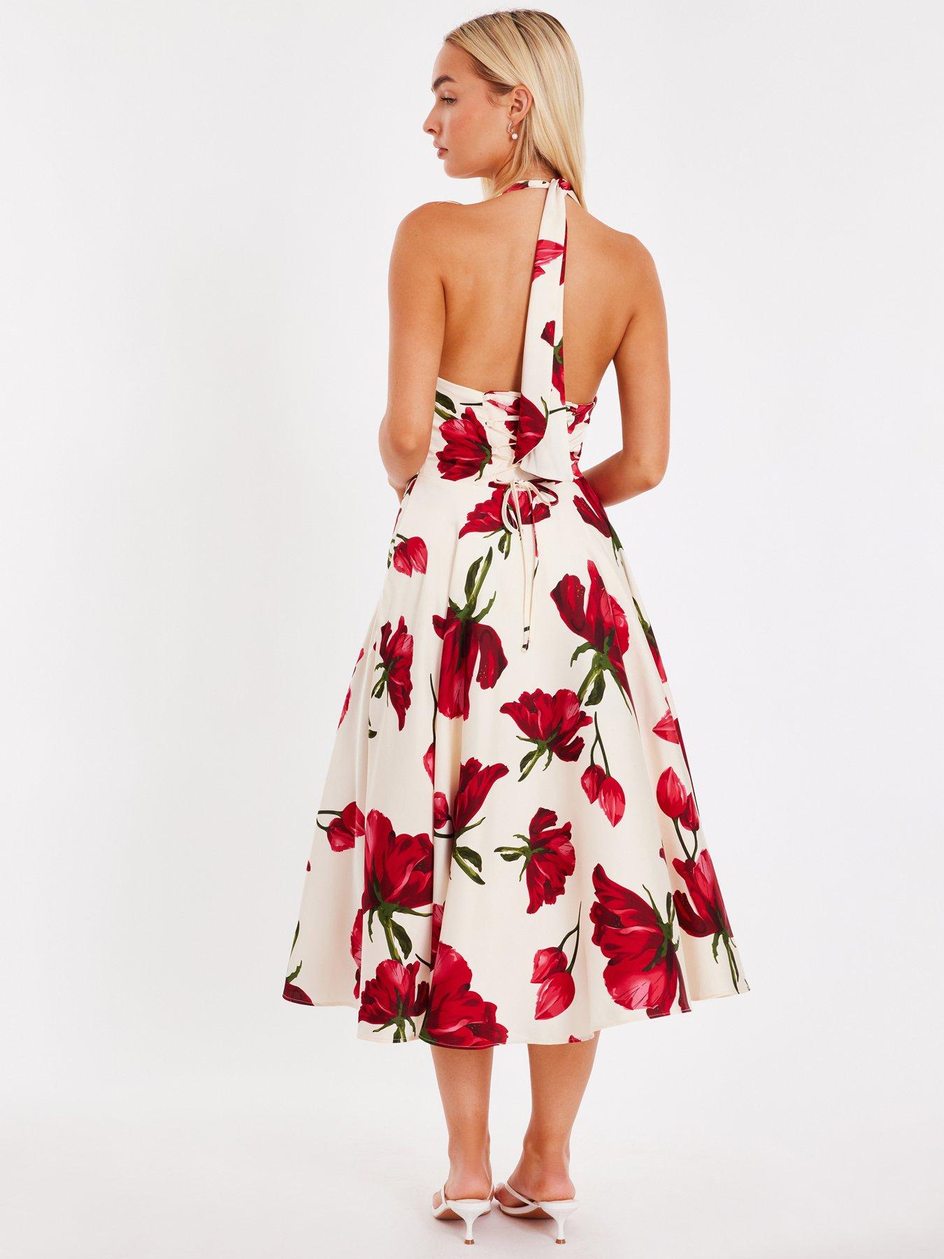 Image 2 of 6 of Quiz Cream Satin Rose Print Midi Dress