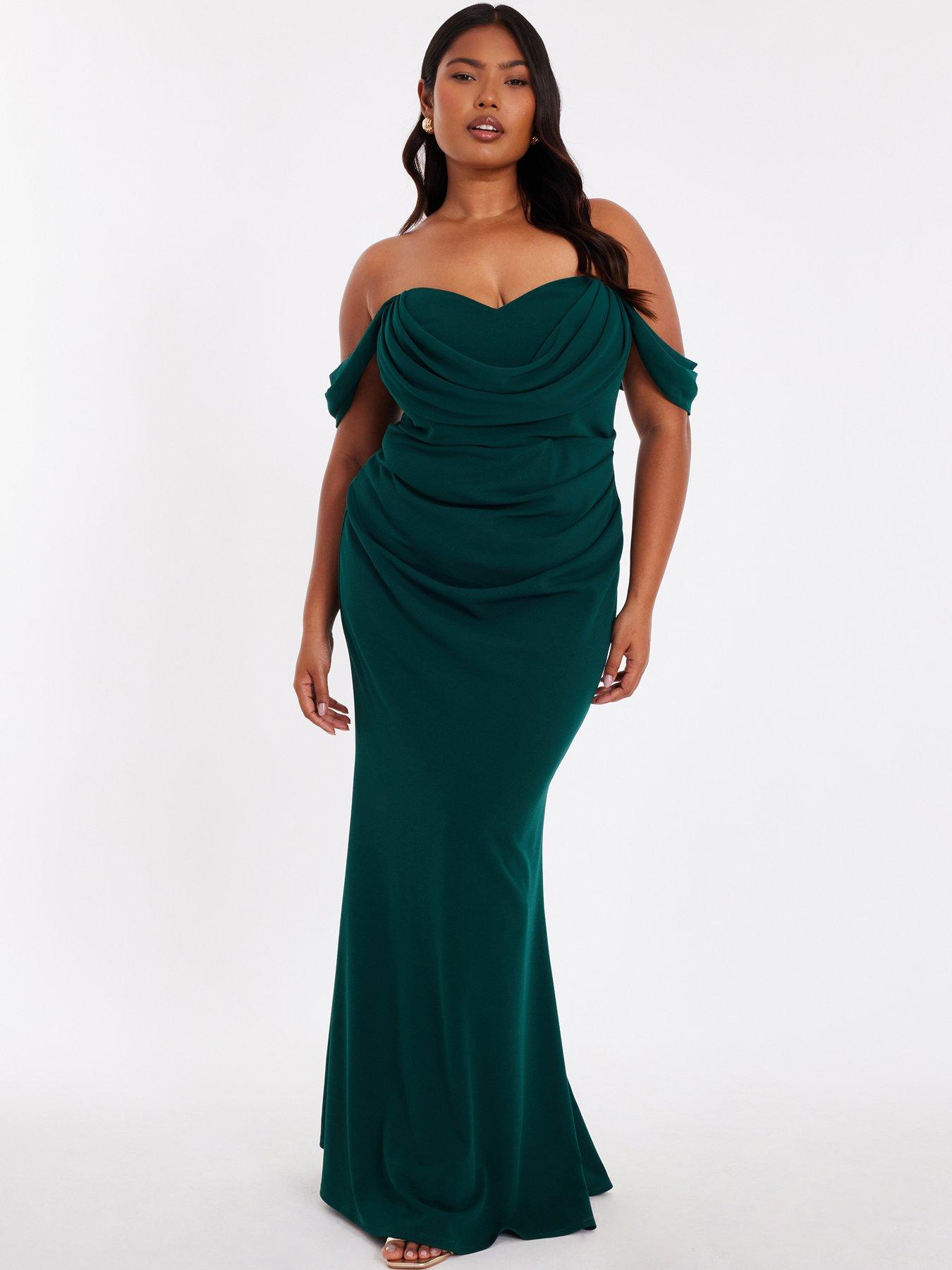 Image 1 of 6 of Quiz Curve Bottle Green Bardot Maxi Dress