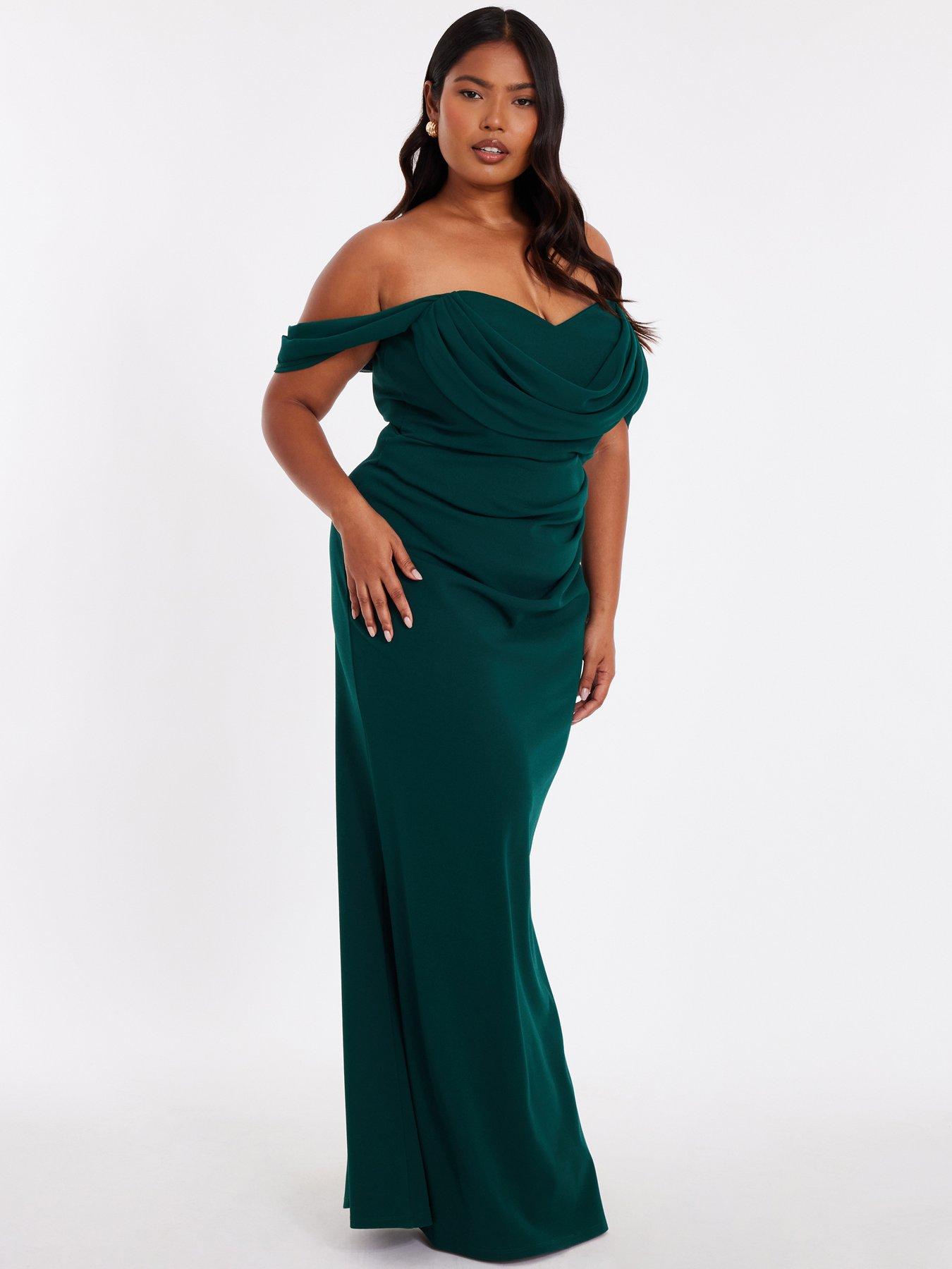 Image 3 of 6 of Quiz Curve Bottle Green Bardot Maxi Dress
