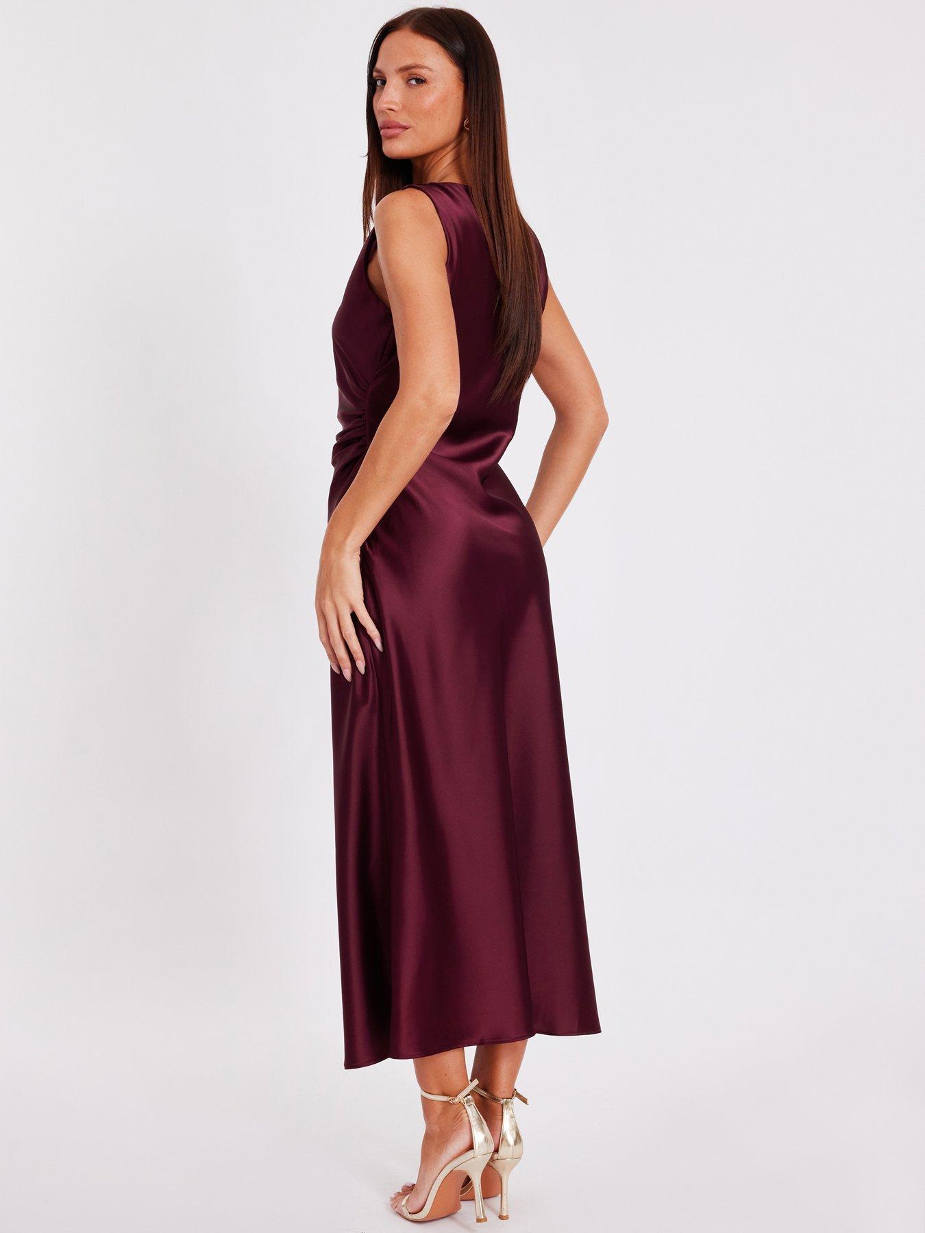 Image 2 of 6 of Quiz Dark Red Satin Ruched Midaxi Dress