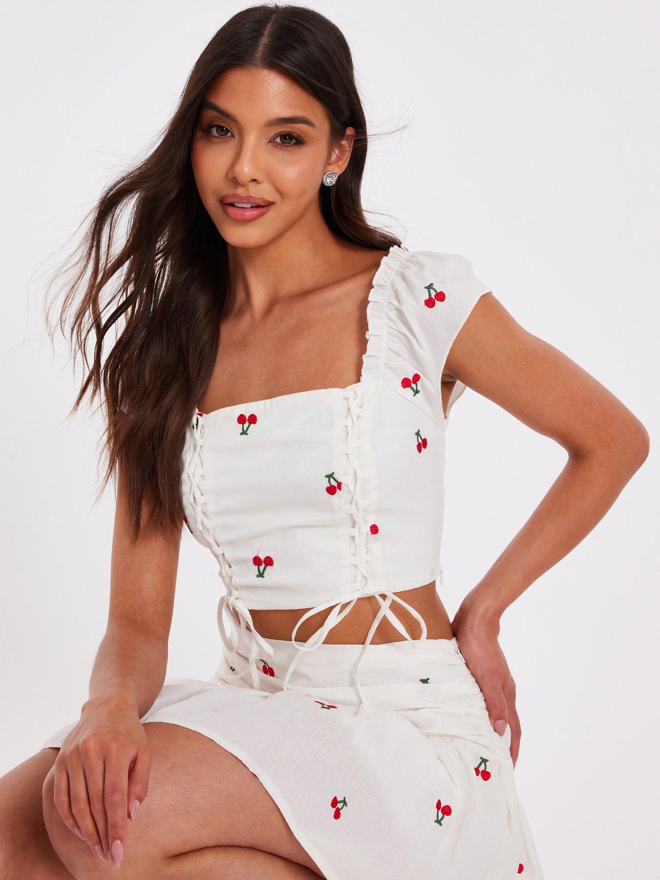 undefined White Cherry Print Crop Top