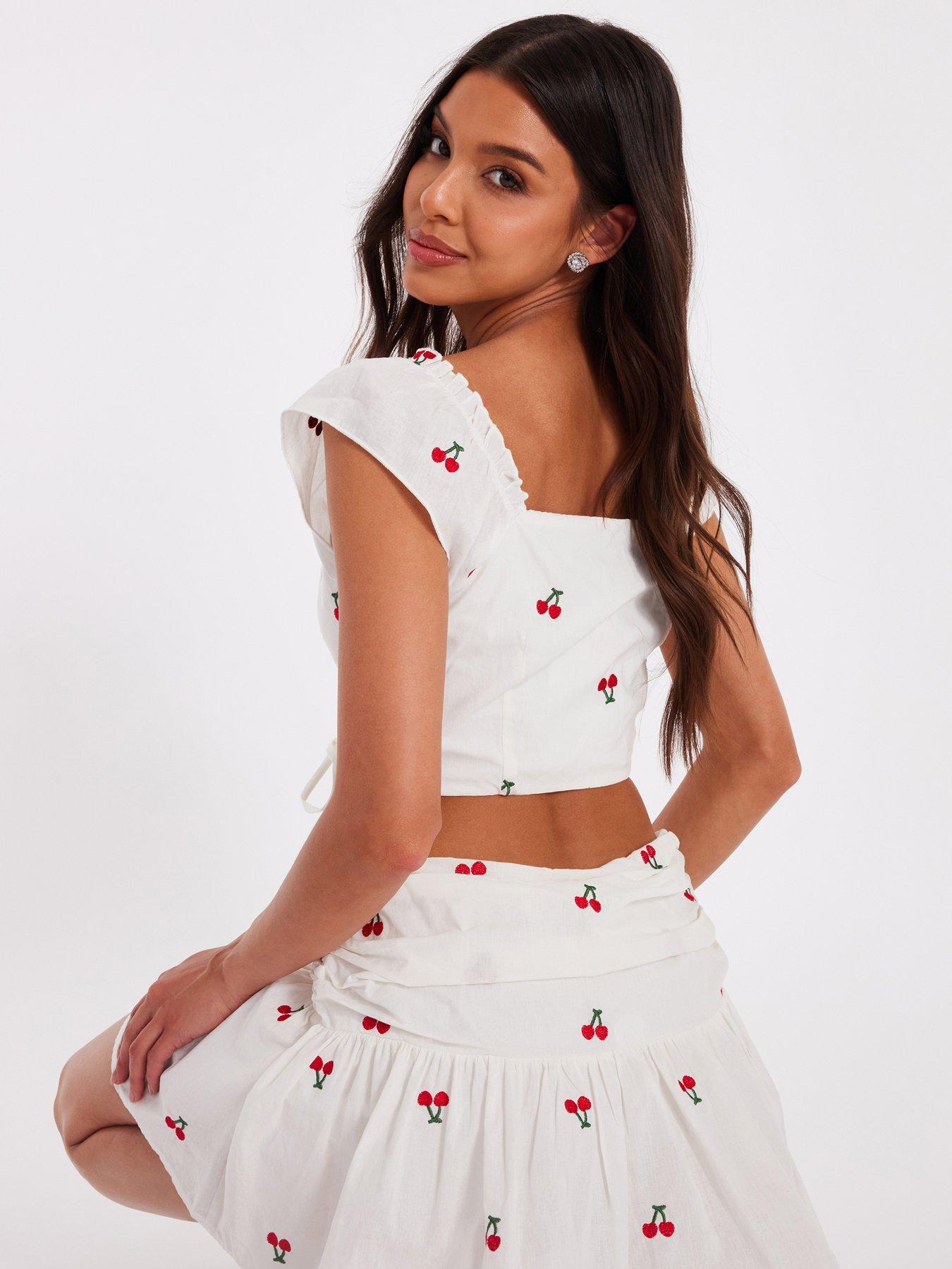 Image 2 of 6 of Quiz White Cherry Print Crop Top
