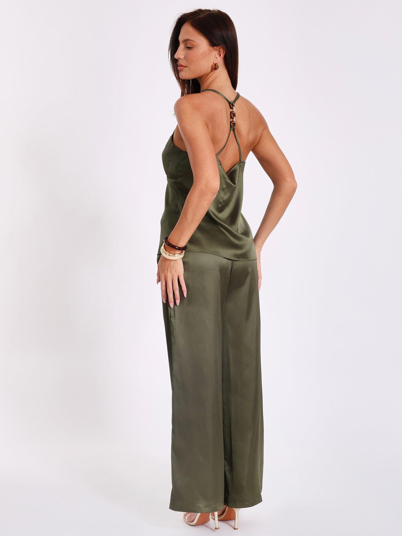 Image 2 of 6 of Quiz Khaki Satin Palazzo Trousers