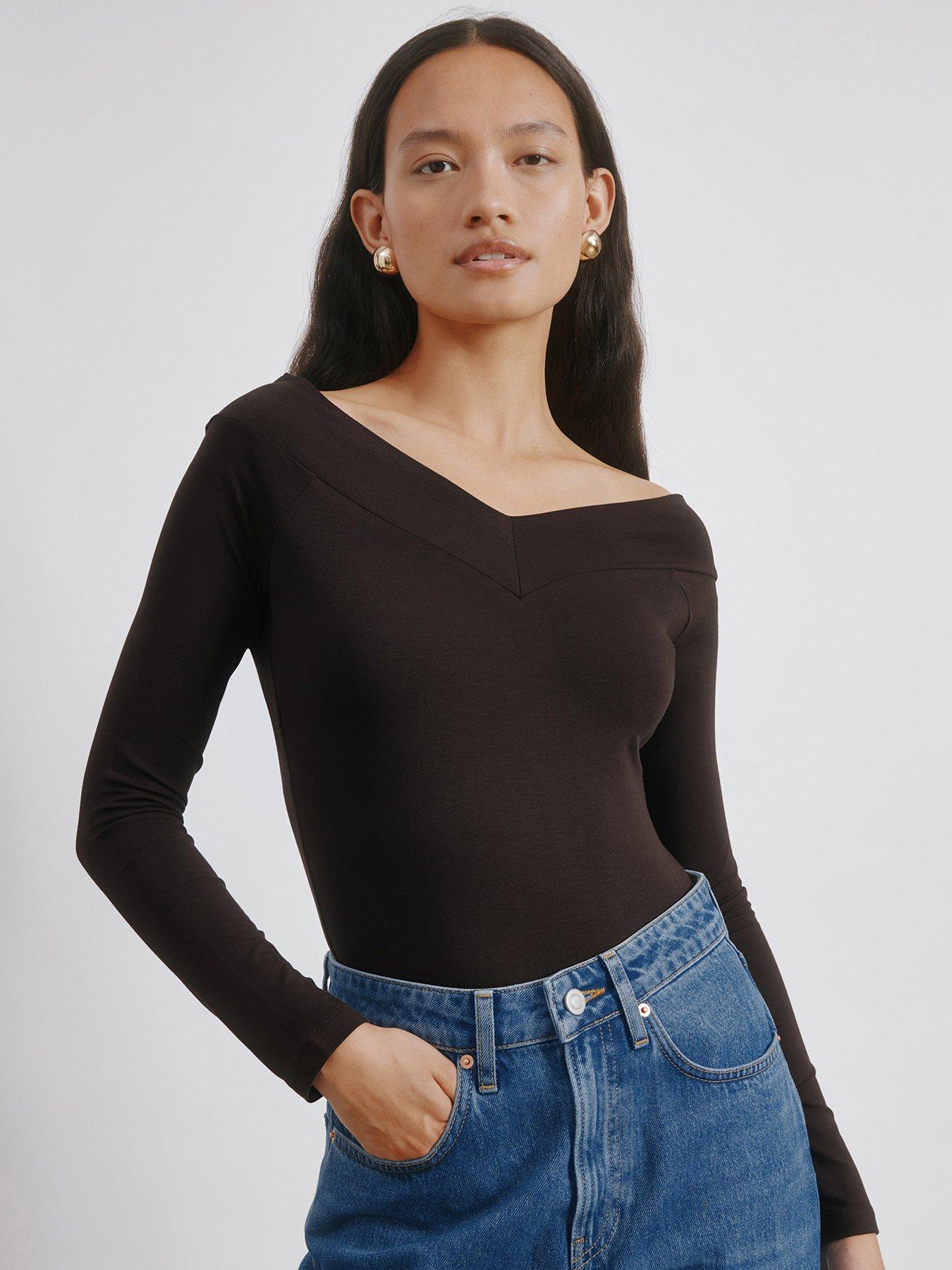 undefined V Neck Bardot - Brown