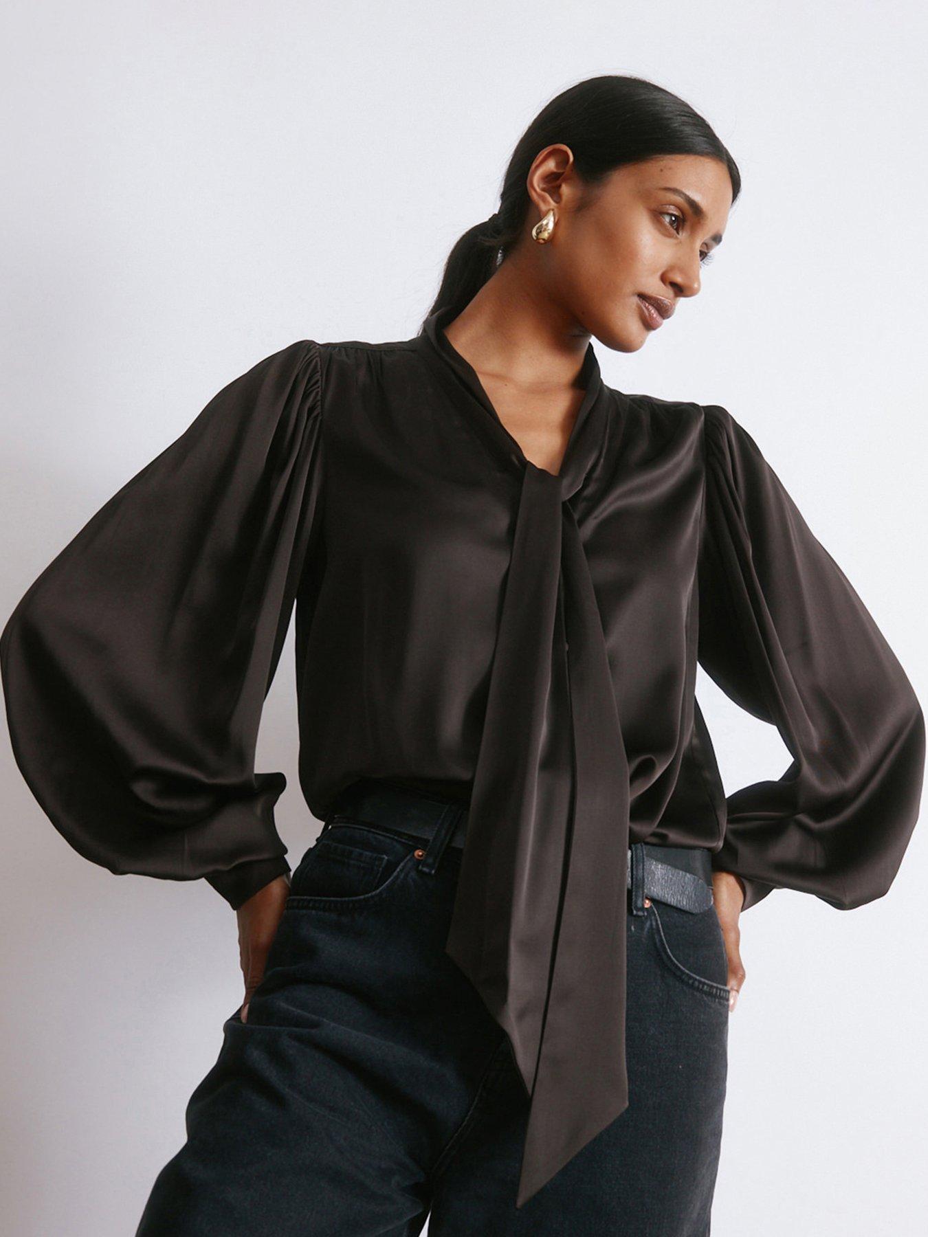  image of albaray-satin-tie-neck-blouse-brown