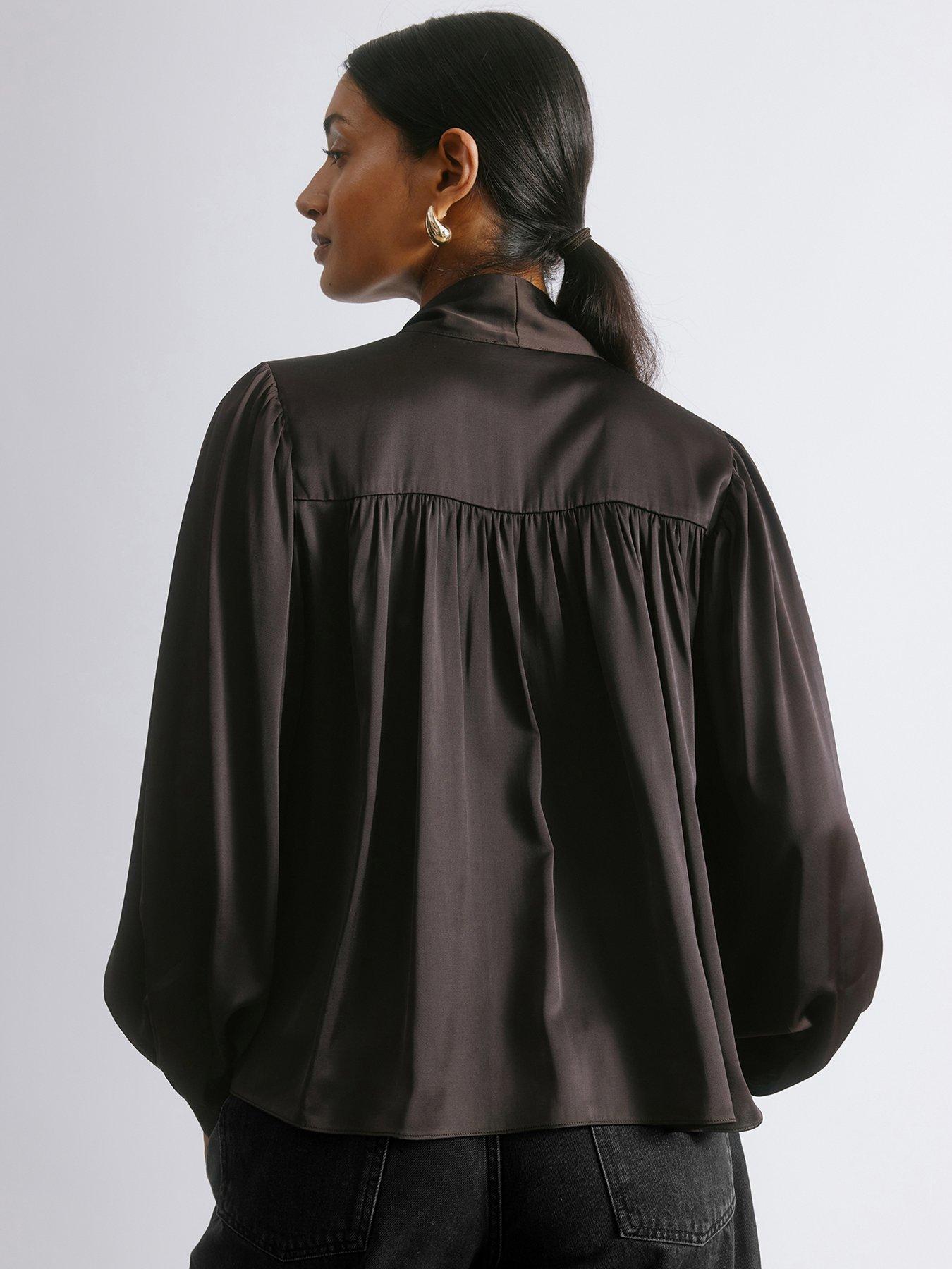  image of albaray-satin-tie-neck-blouse-brown