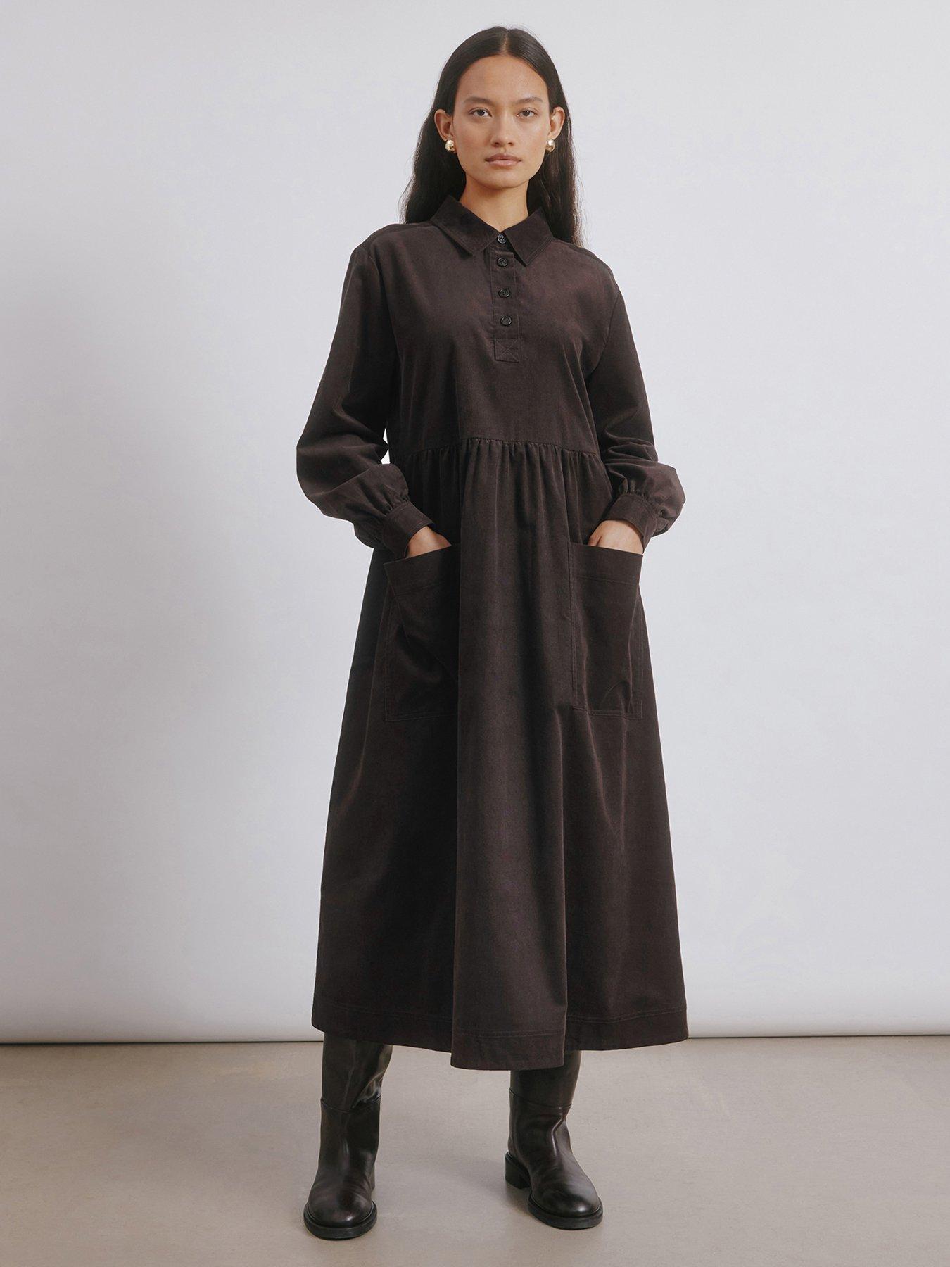 undefined Cord Placket Midi Dress - Brown