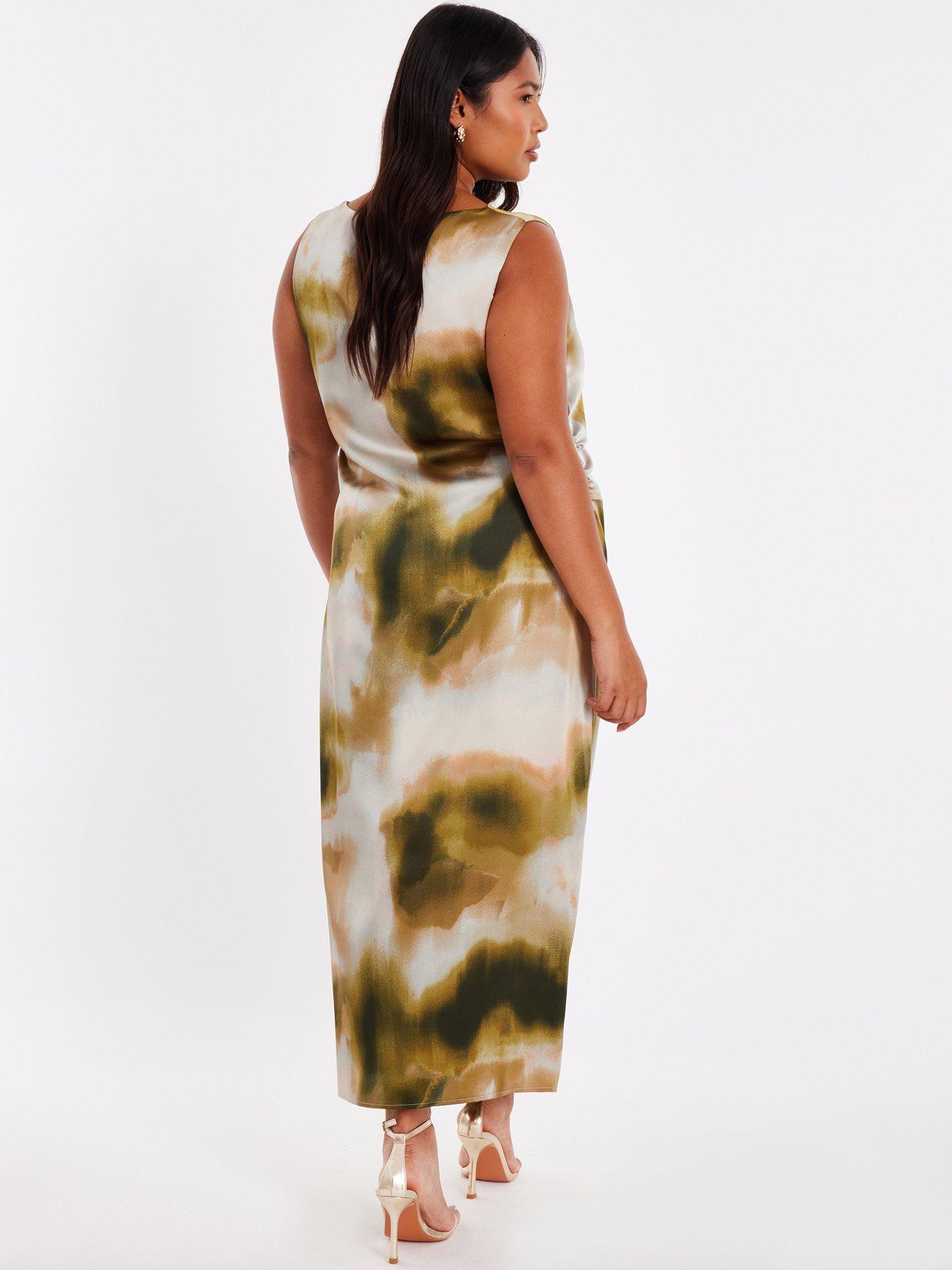 Image 2 of 6 of Quiz Curve Khaki Satin Marble Midaxi Dress