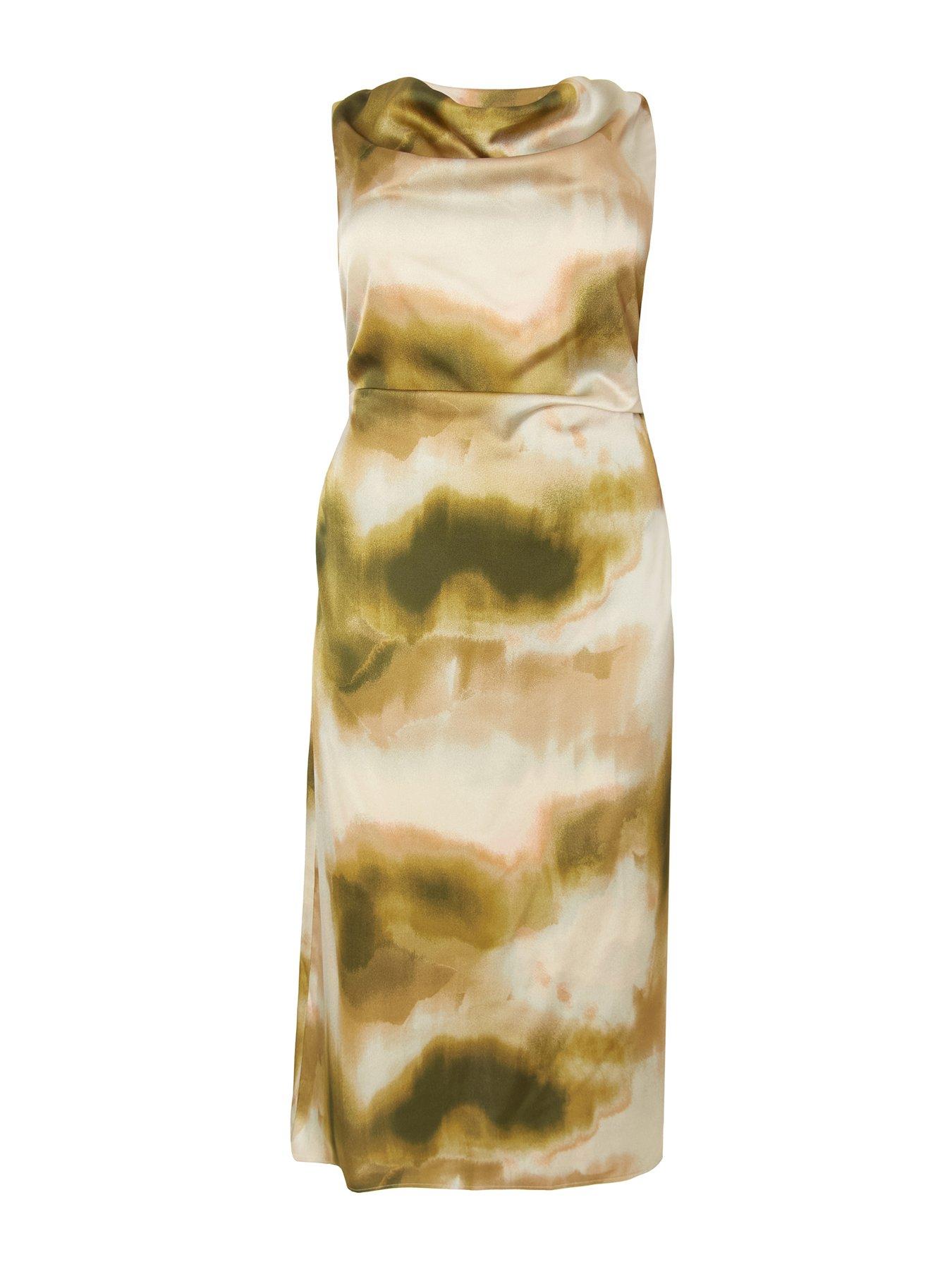 Image 4 of 6 of Quiz Curve Khaki Satin Marble Midaxi Dress