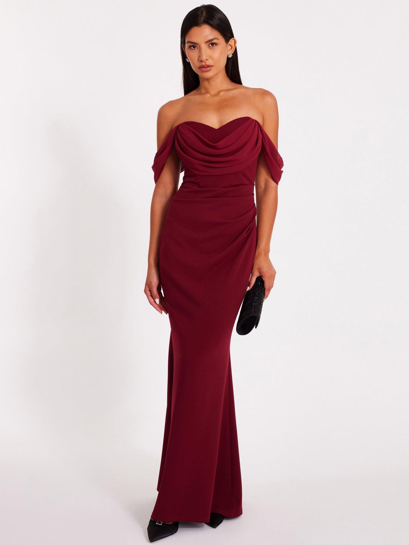 Image 1 of 6 of Quiz Dark Red Chiffon Bardot Maxi Dress