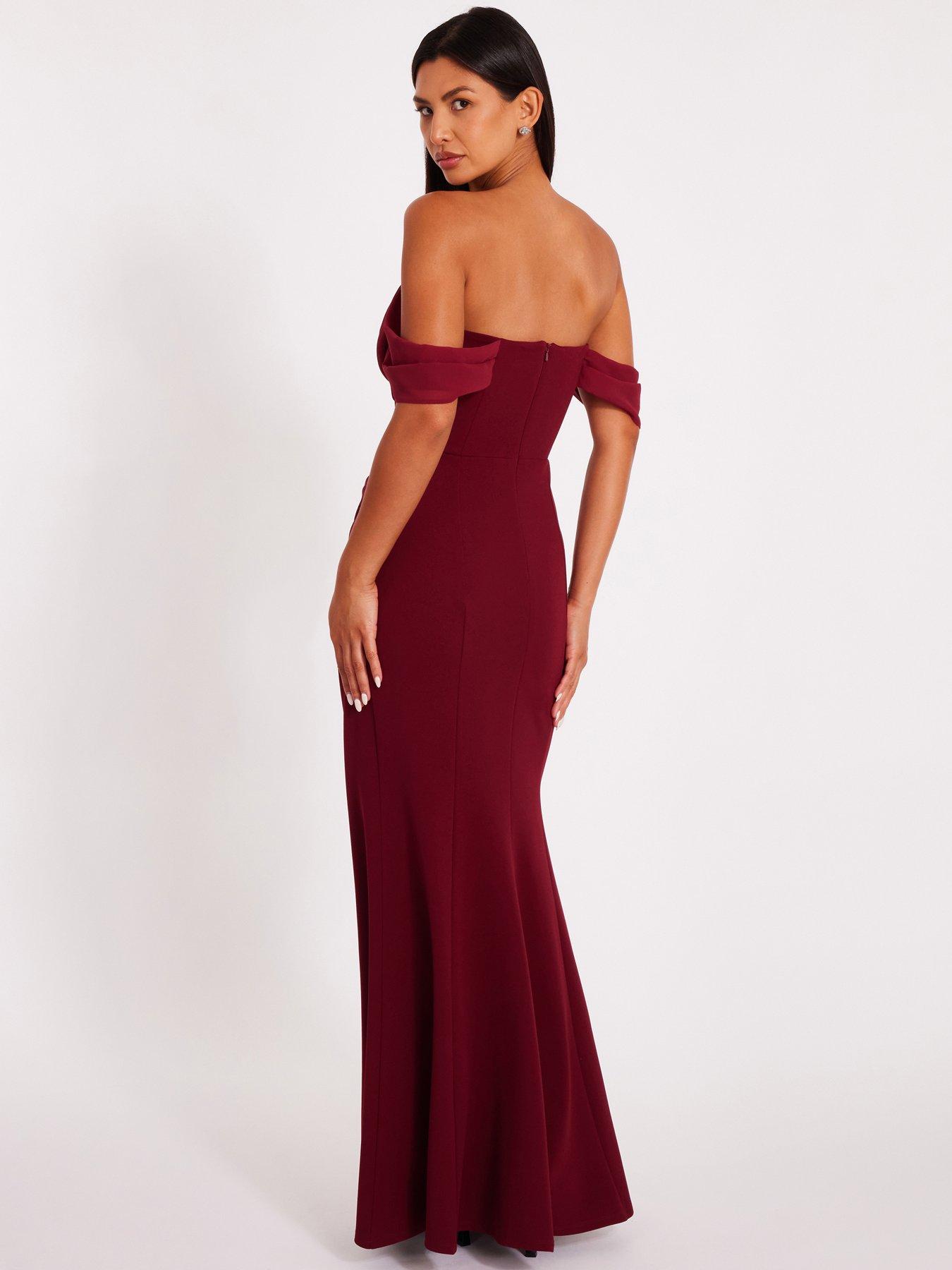 Image 2 of 6 of Quiz Dark Red Chiffon Bardot Maxi Dress