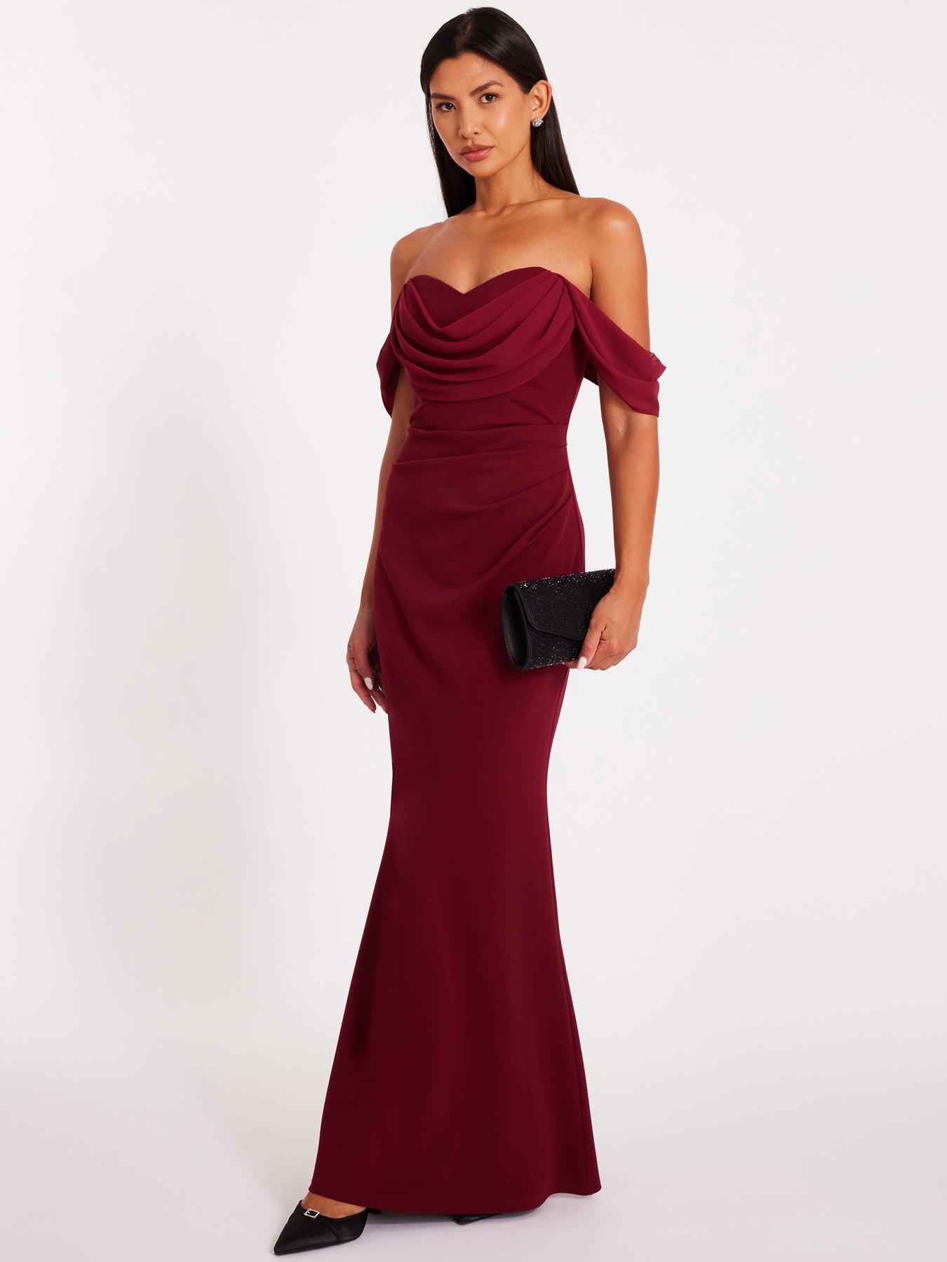 Image 3 of 6 of Quiz Dark Red Chiffon Bardot Maxi Dress