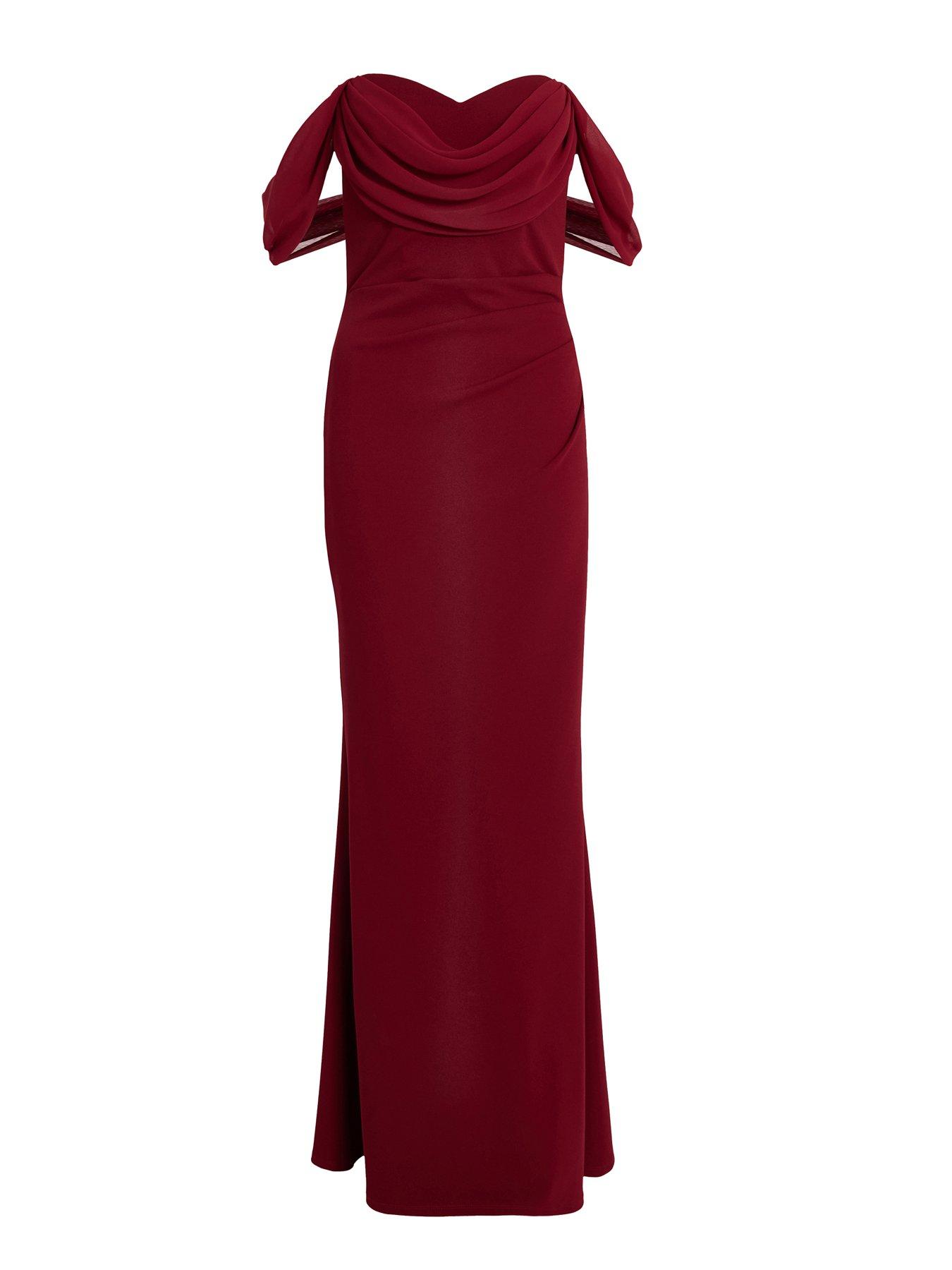 Image 4 of 6 of Quiz Dark Red Chiffon Bardot Maxi Dress