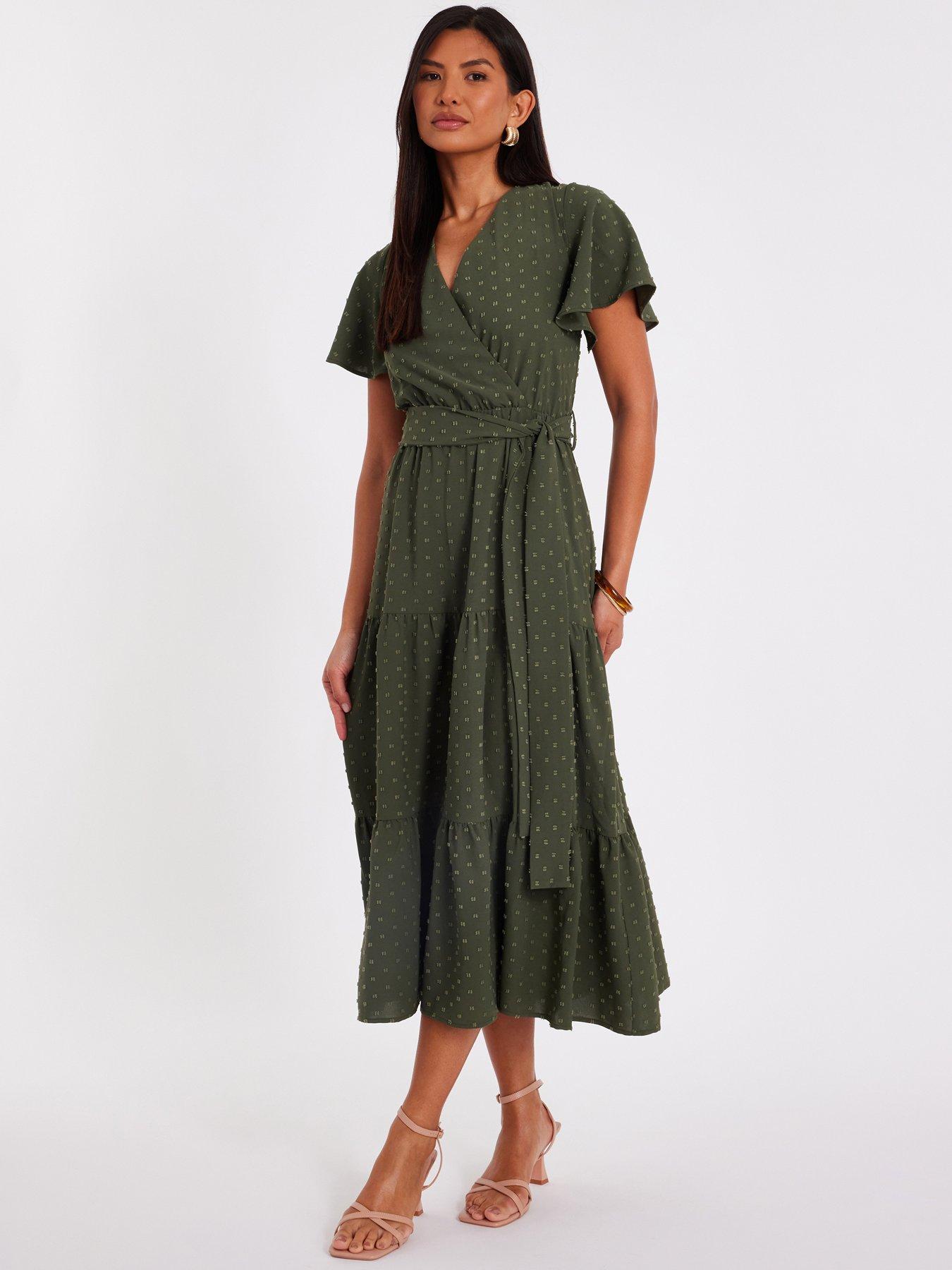 Image 3 of 6 of Quiz Khaki Dobby Tie Waist Midi Dress