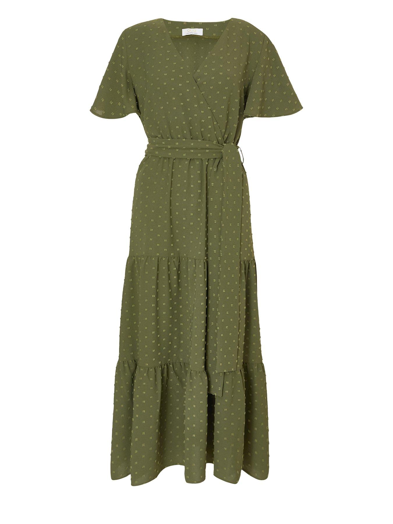 Image 4 of 6 of Quiz Khaki Dobby Tie Waist Midi Dress