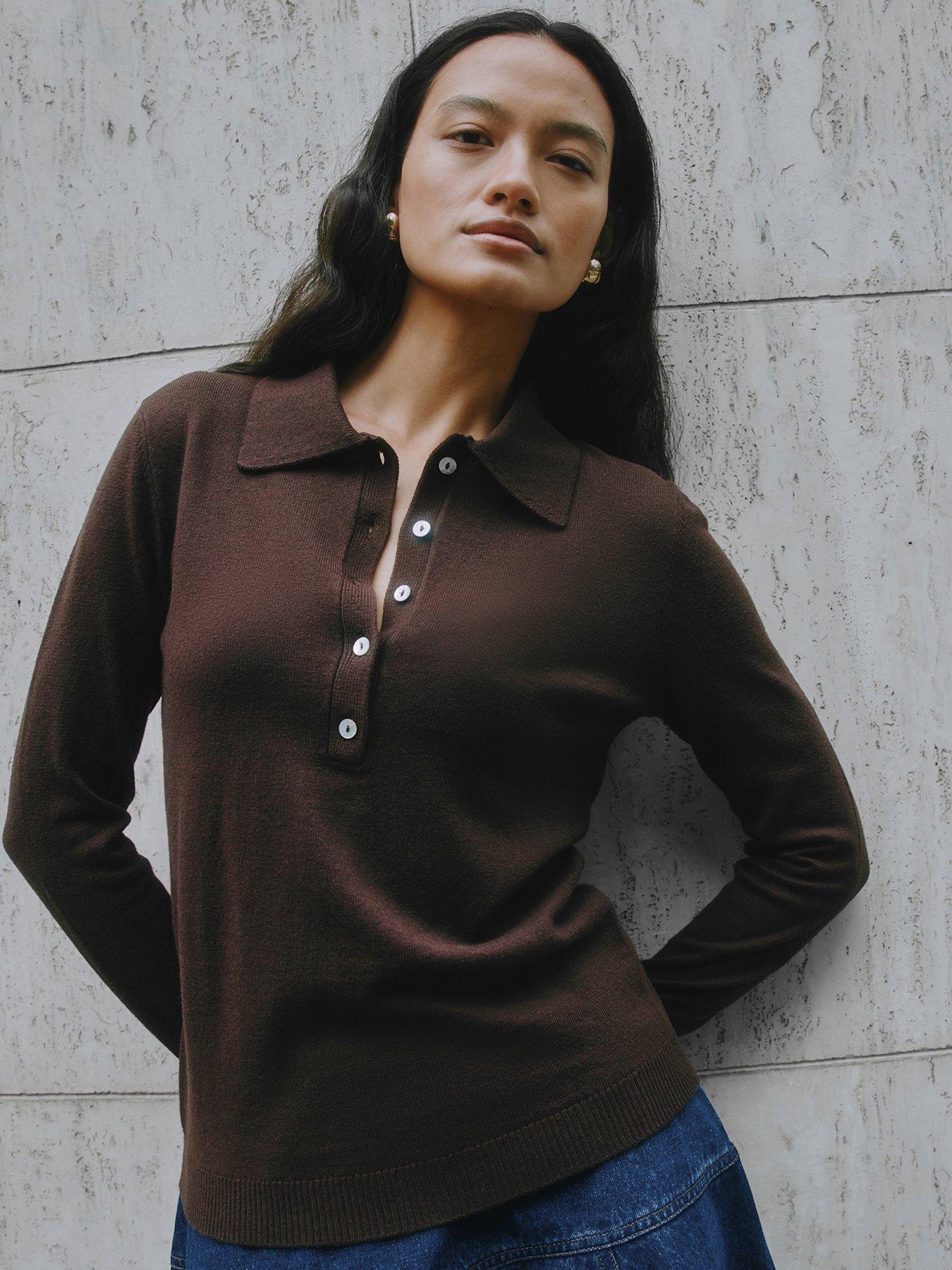 undefined Fine Knit Polo Top - Brown