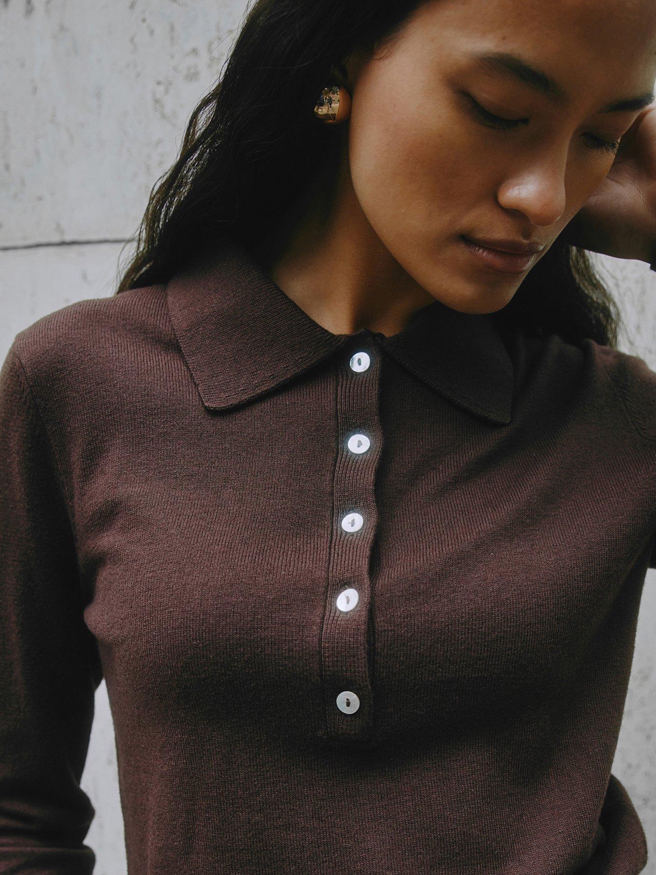 Image 4 of 5 of Albaray Fine Knit Polo Top - Brown