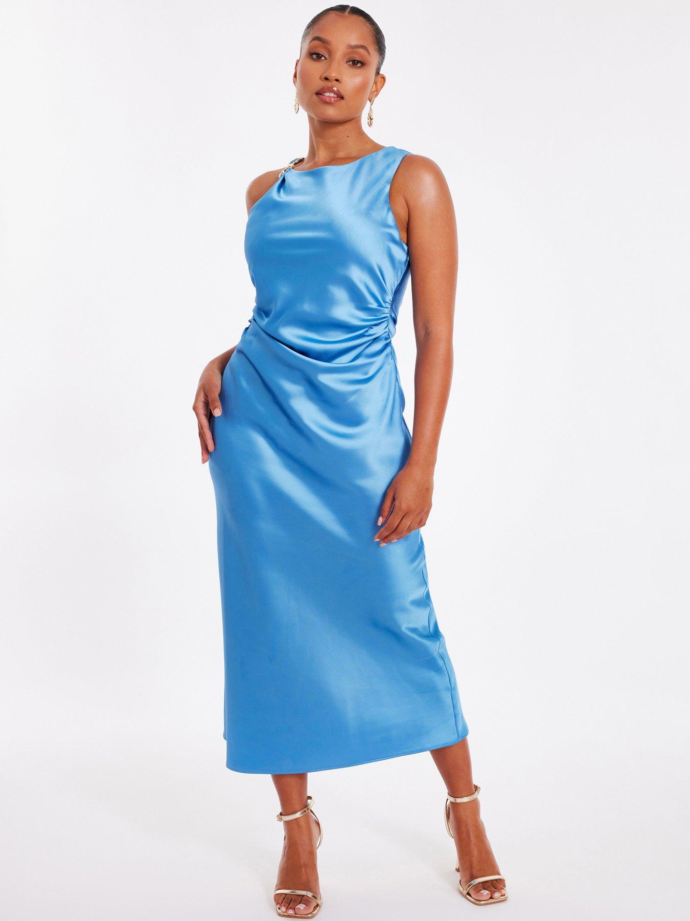 quiz-petite-blue-satin-ruched-midaxi-dress